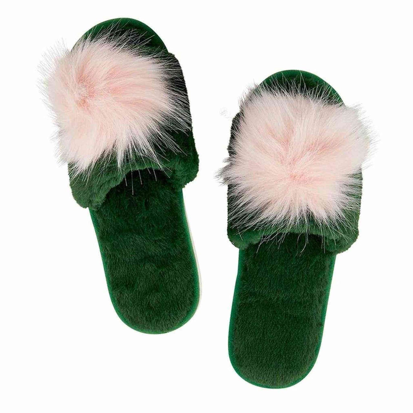 Green plush slippers with blush pink pom poms, soft and cozy design for home wear