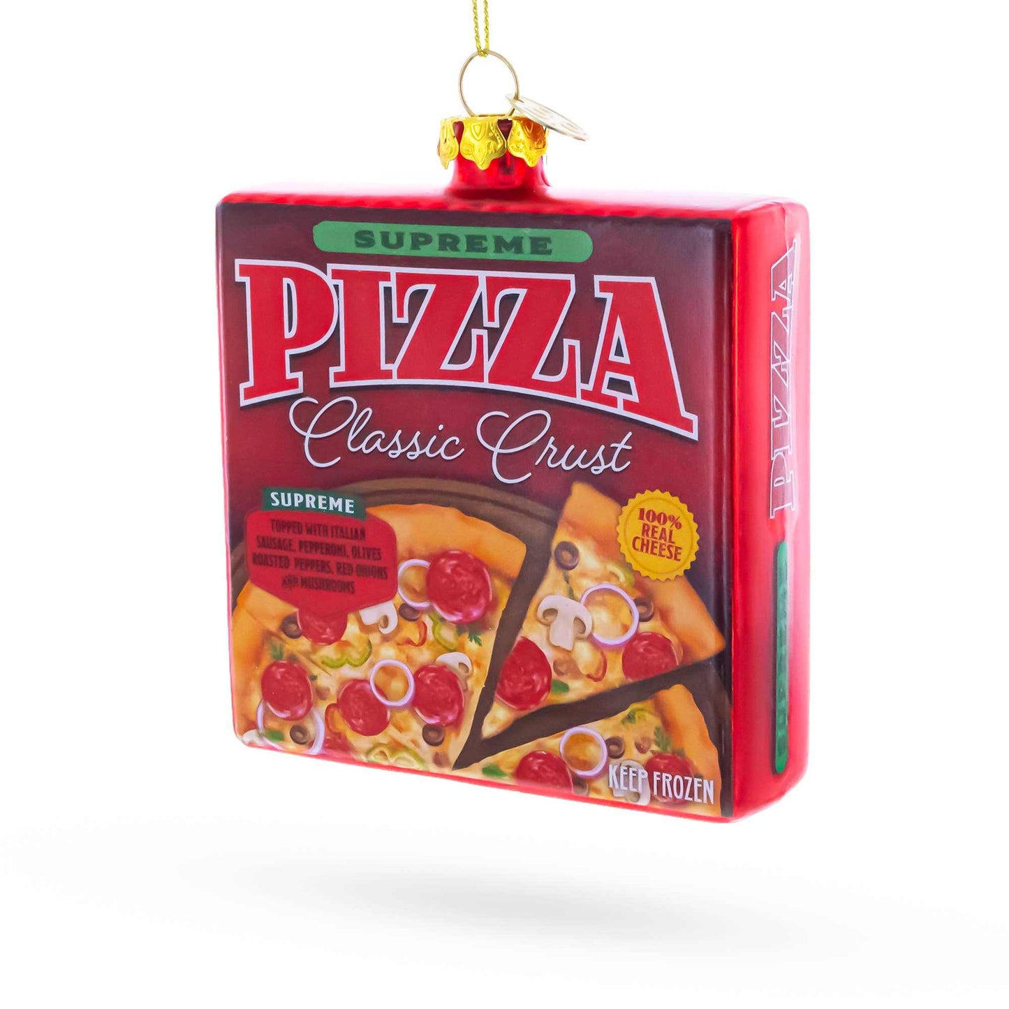 Glass Supreme Pizza Box Christmas ornament with hand-painted vibrant pizza design and hanging cord