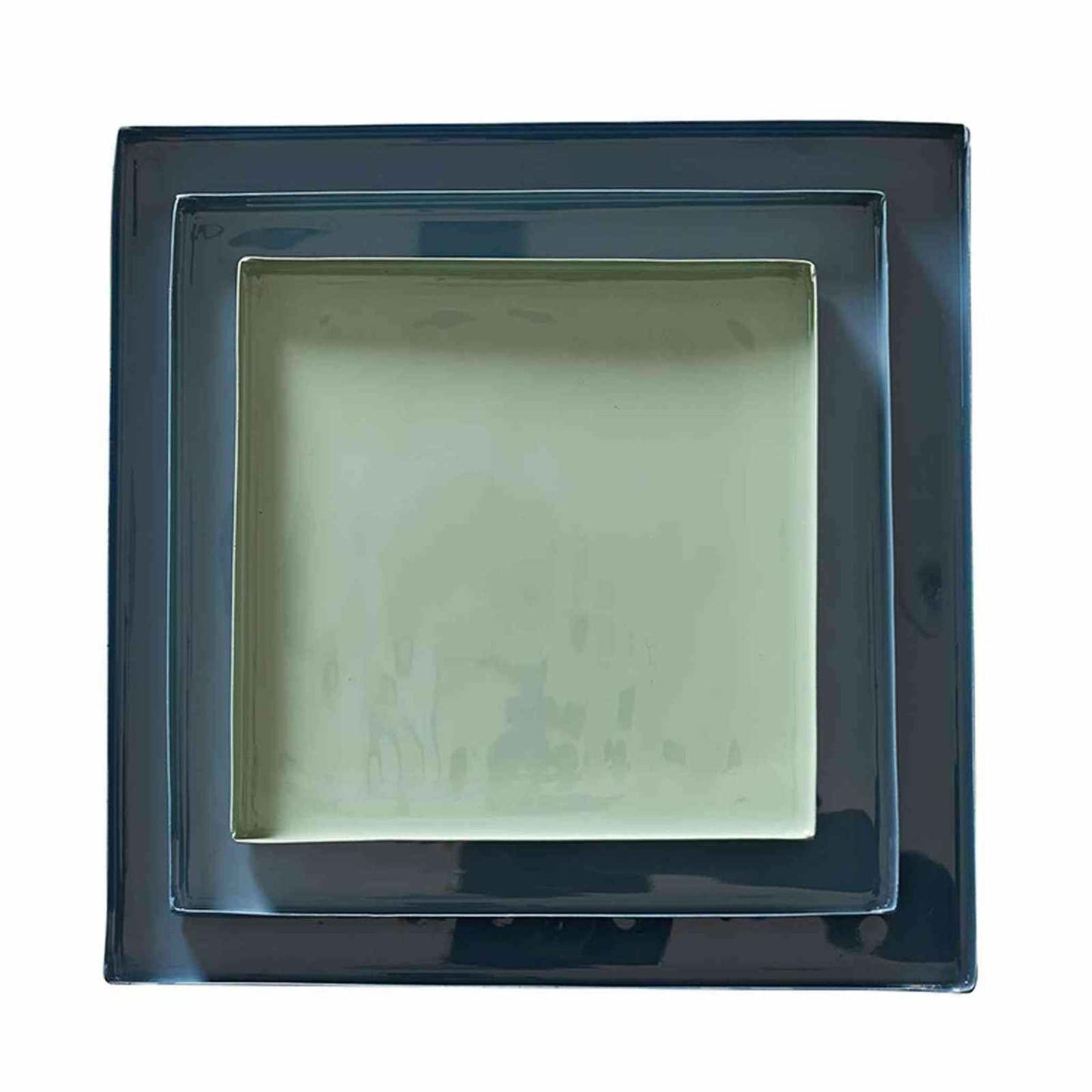 Set of 3 nested blue enamel square trays with smooth finish and modern design