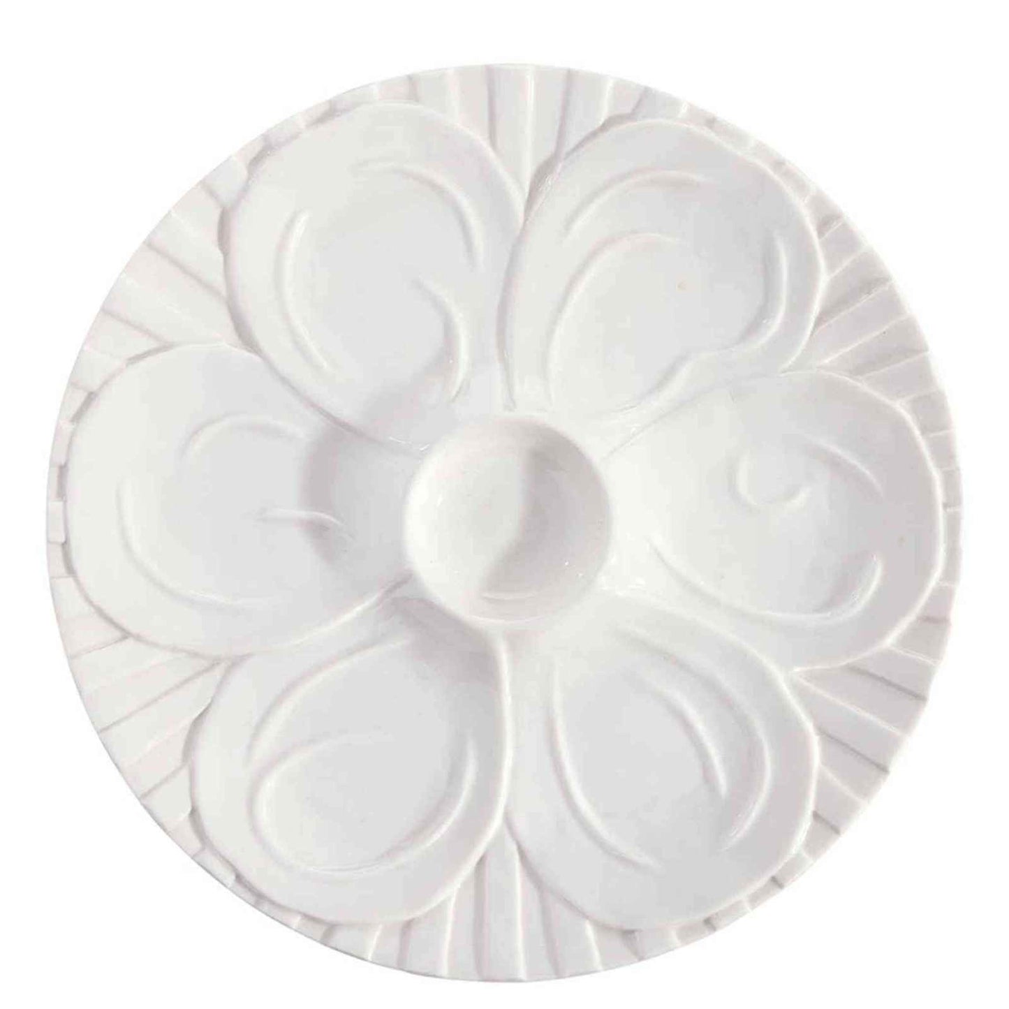 Ceramic oyster platter with six wells for serving chilled oysters in a round, elegant design.