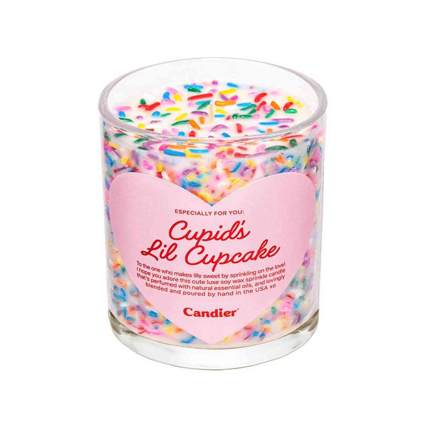 Cupid's Lil Cupcake Candle jar with colorful sprinkles and pink heart label in glass container