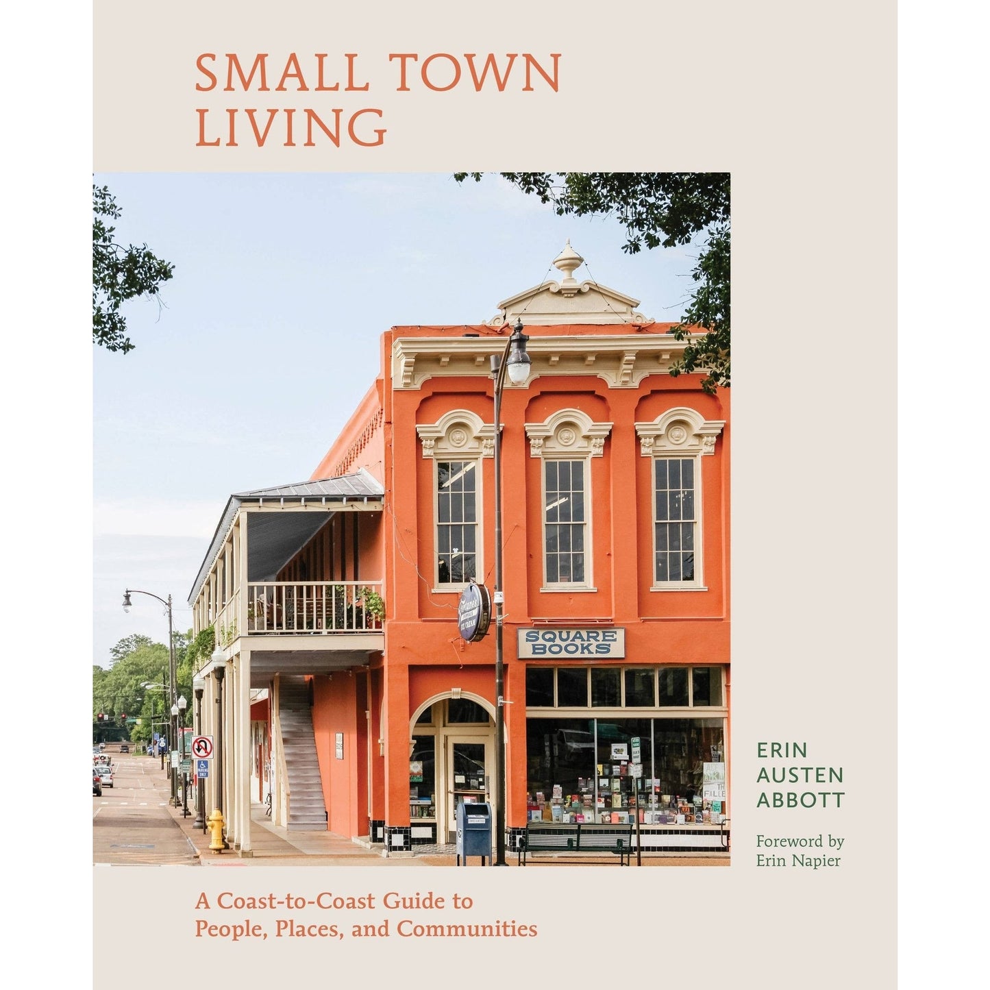 Small Town Living book cover featuring a historic small town bookstore and street scene