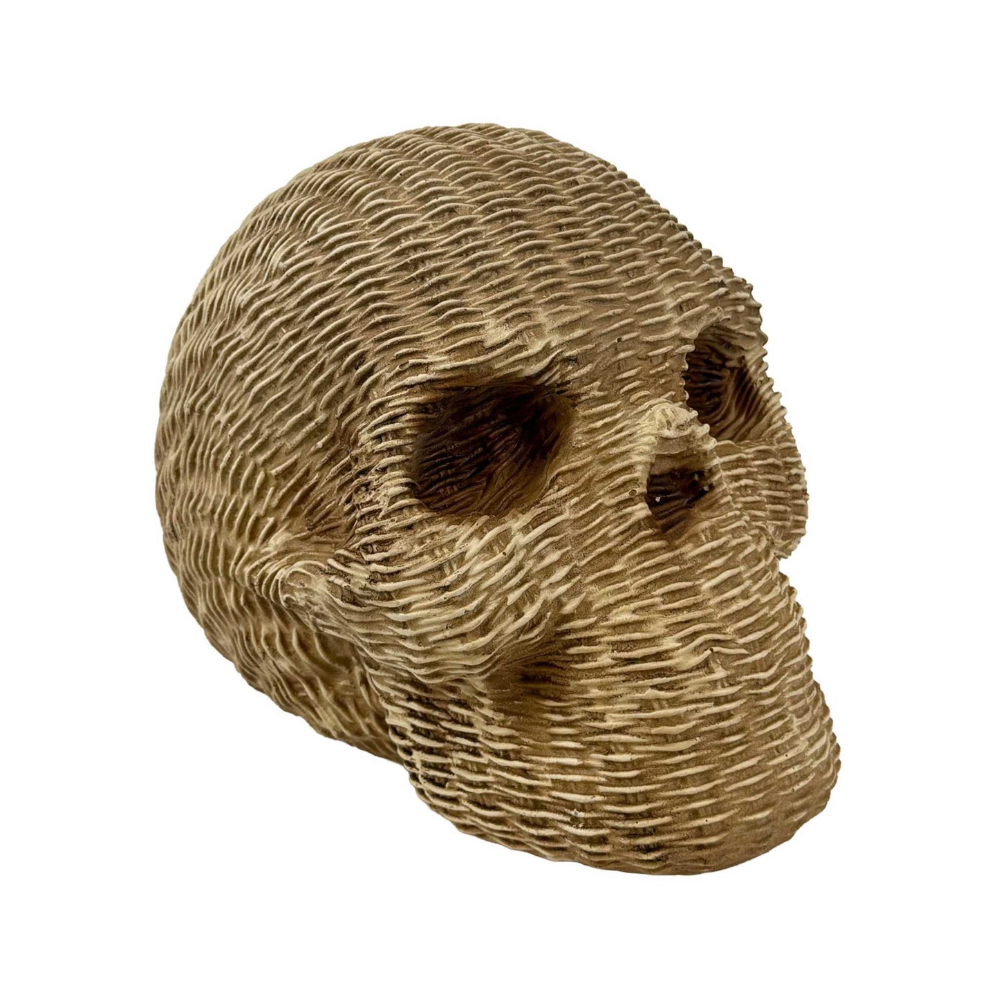 
                  
                    Wicker-look resin decorative skull with khaki wicker texture for seasonal home décor
                  
                