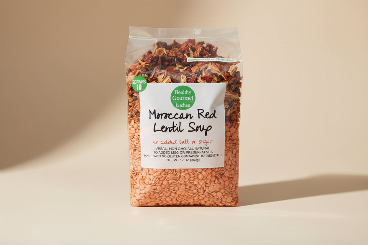 Bag of Moroccan Red Lentil Soup mix with a label on a white background