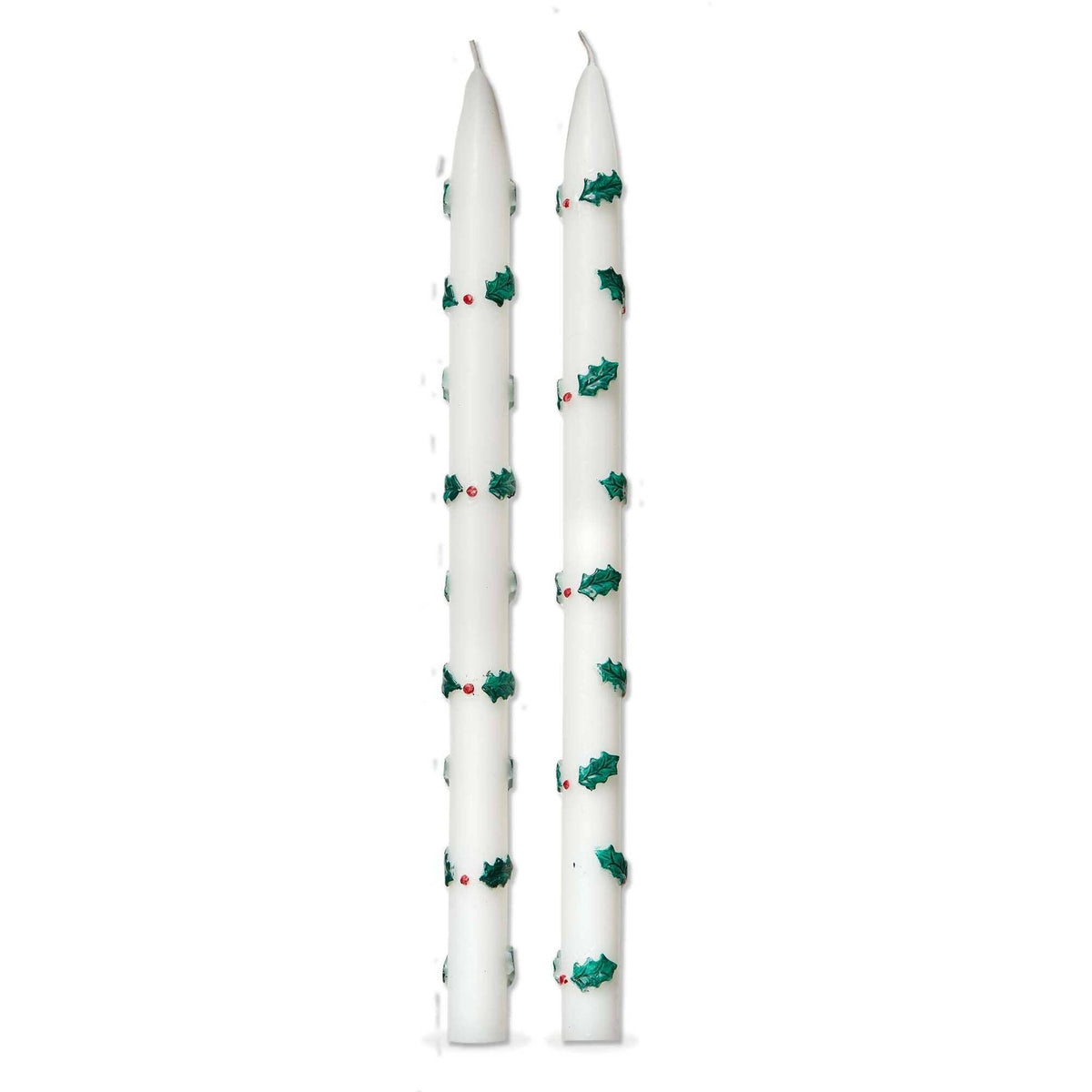 Set of 2 white taper candles hand-painted with green Christmas holly berries and red accents