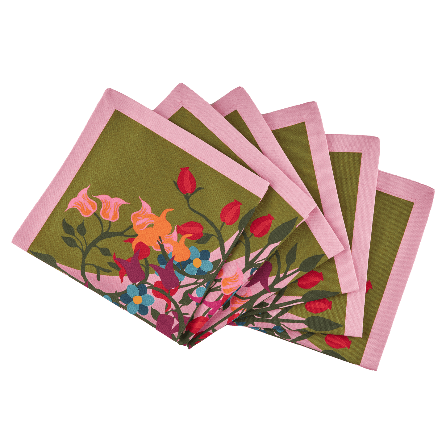 Set of 6 Garden Bloom cotton napkins with multicolor floral print and pink border on olive green background.