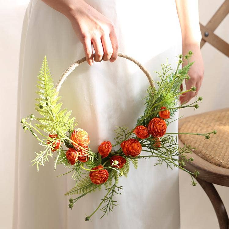Floral Hoop Artificial Orange Buttercup with Greenery 9" D - Curated Home Decor