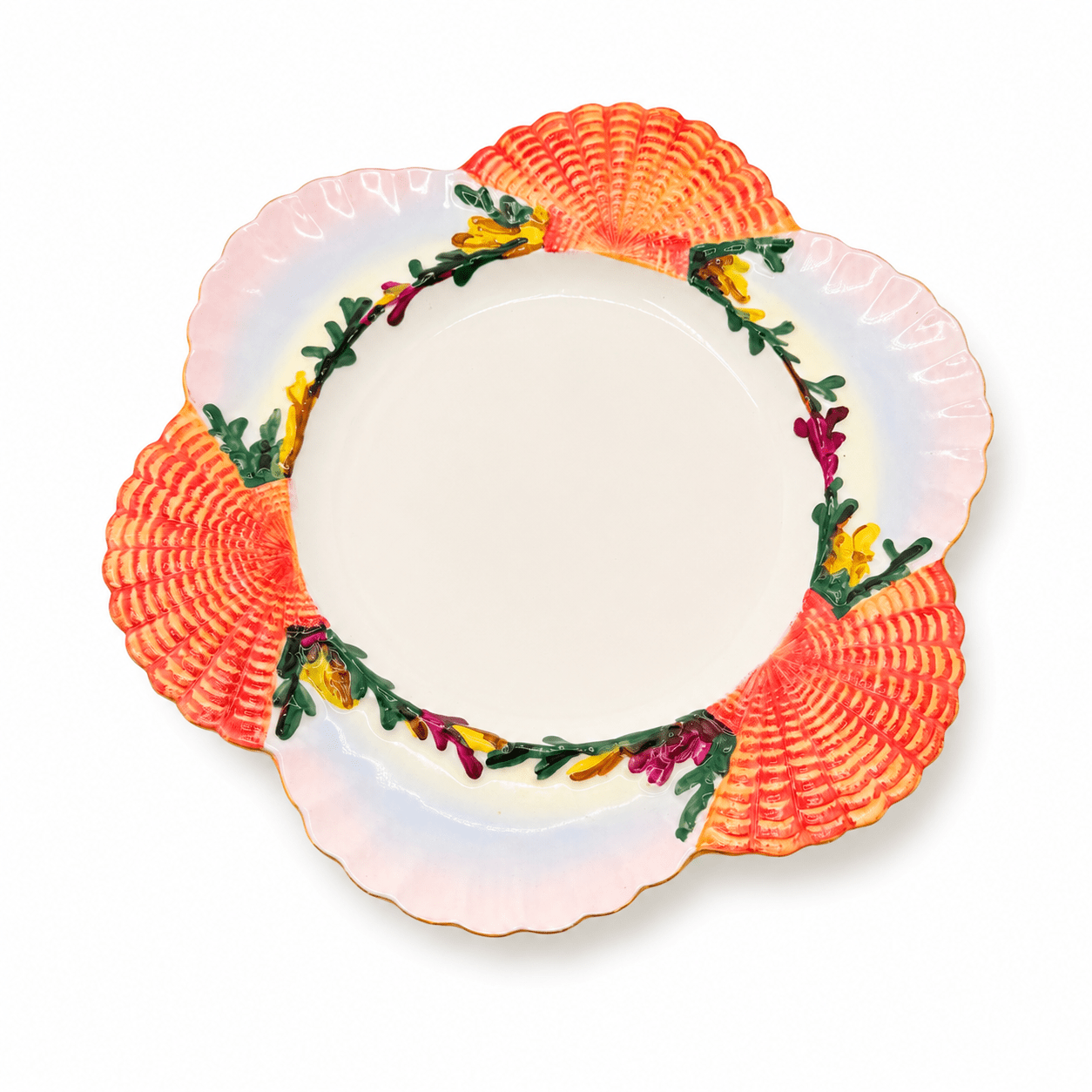 Vintage Majolica Scallop Shell Plate · Coral Shells & Seaweed Relief - Curated Home Decor