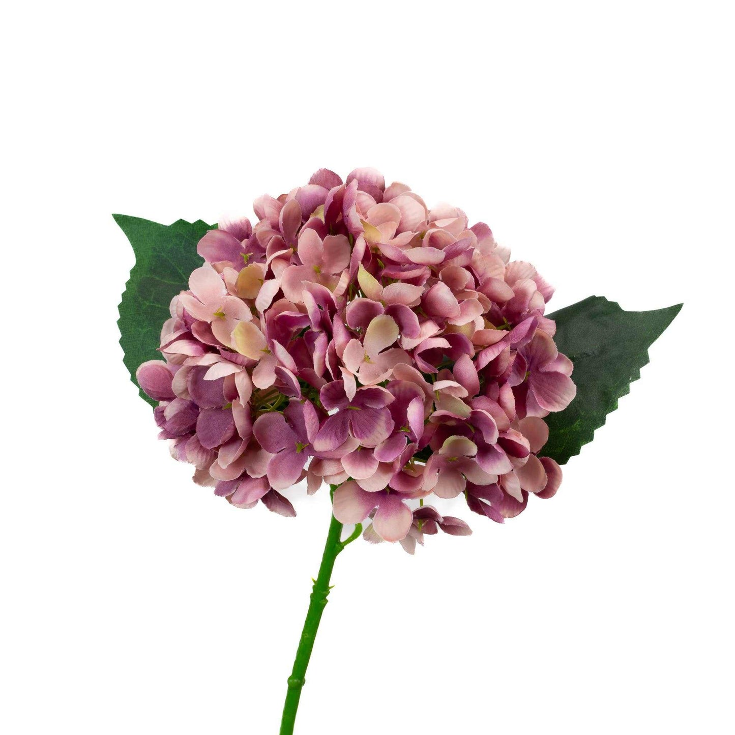 Mauve faux hydrangea pick with two green leaves on a 13-inch stem