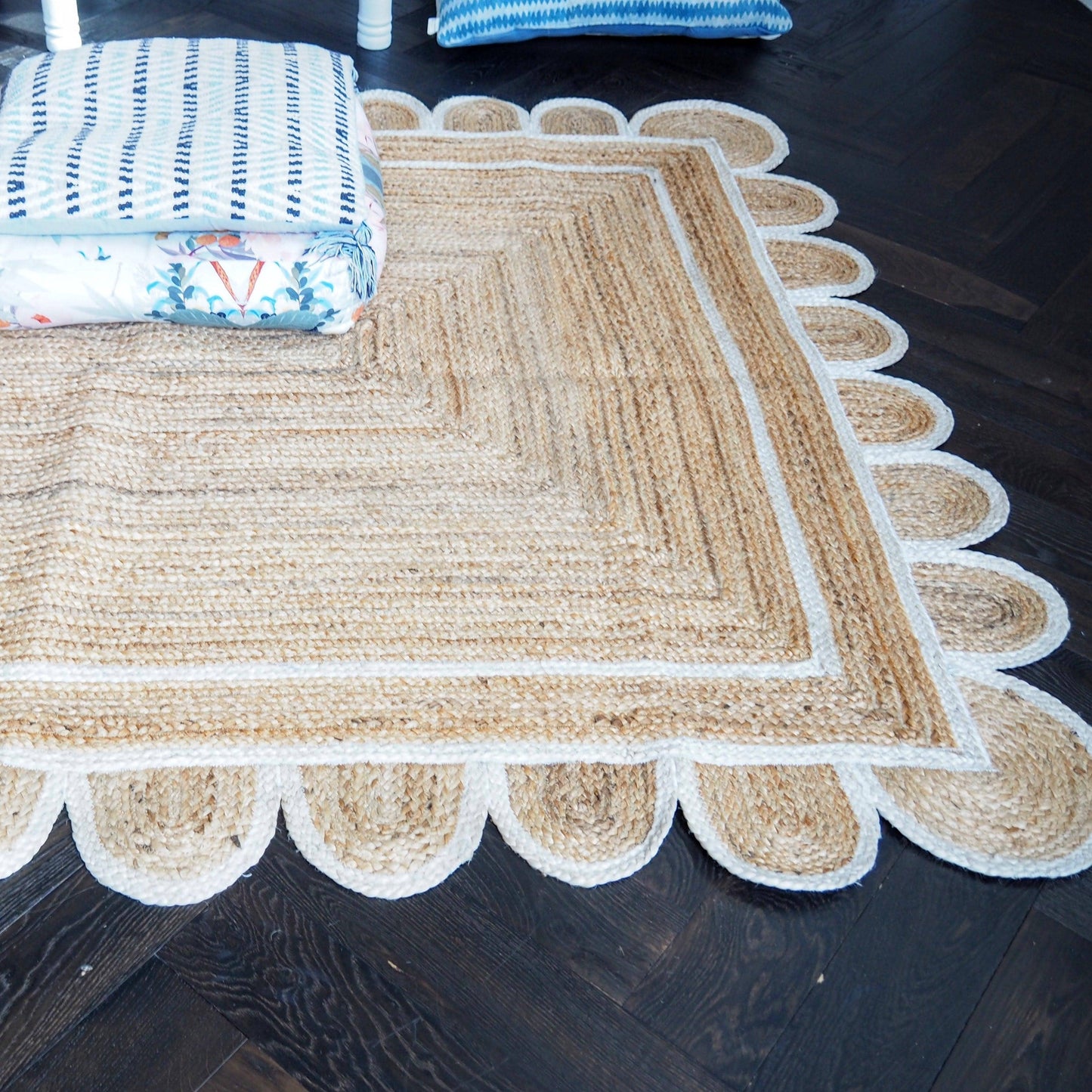Handmade White Scalloped Jute Rug – Custom Sizes Available - Curated Home Decor