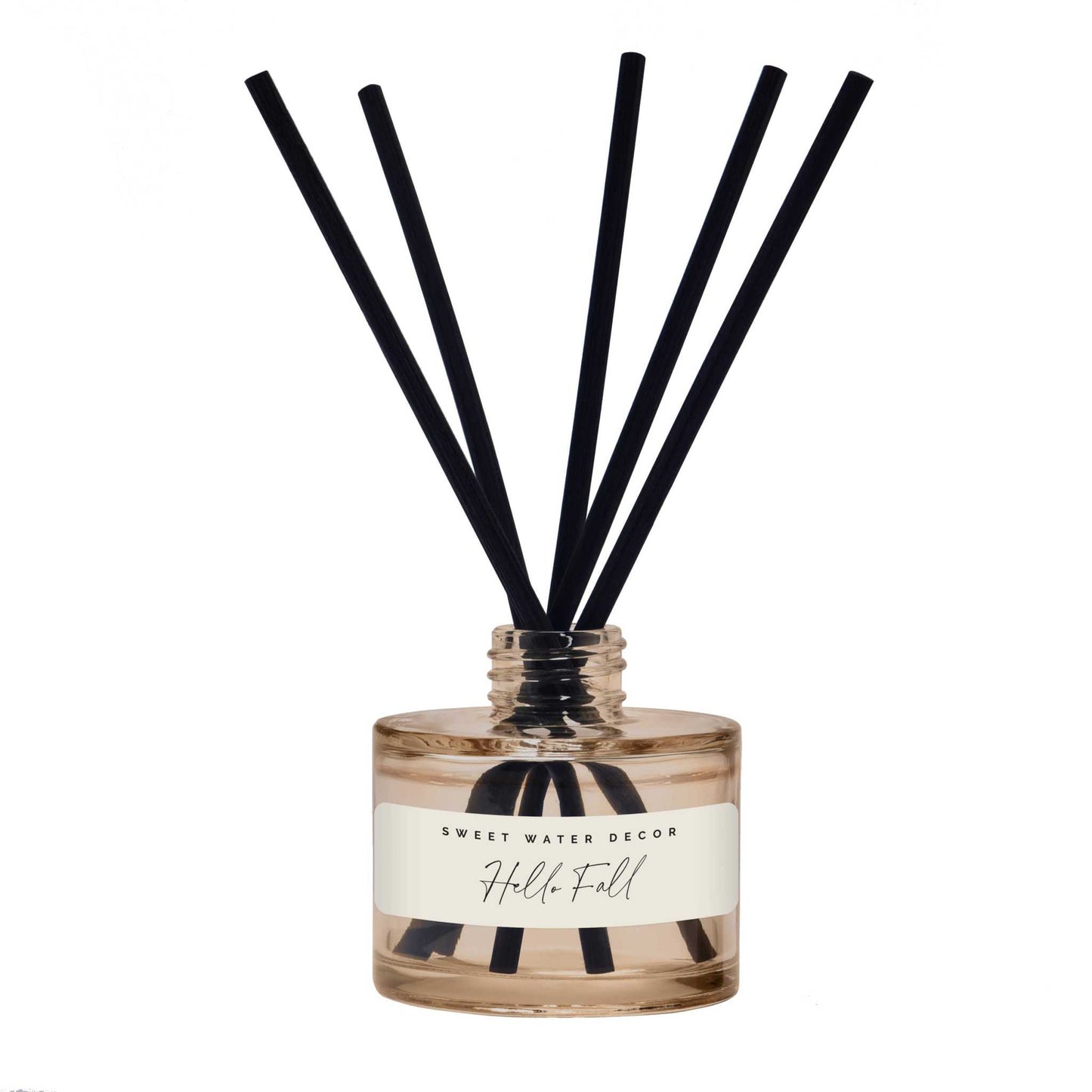 
                  
                    Hello Fall reed diffuser in beige glass jar with black reeds, autumn fragrance with cinnamon and apple notes, flameless fall home decor
                  
                