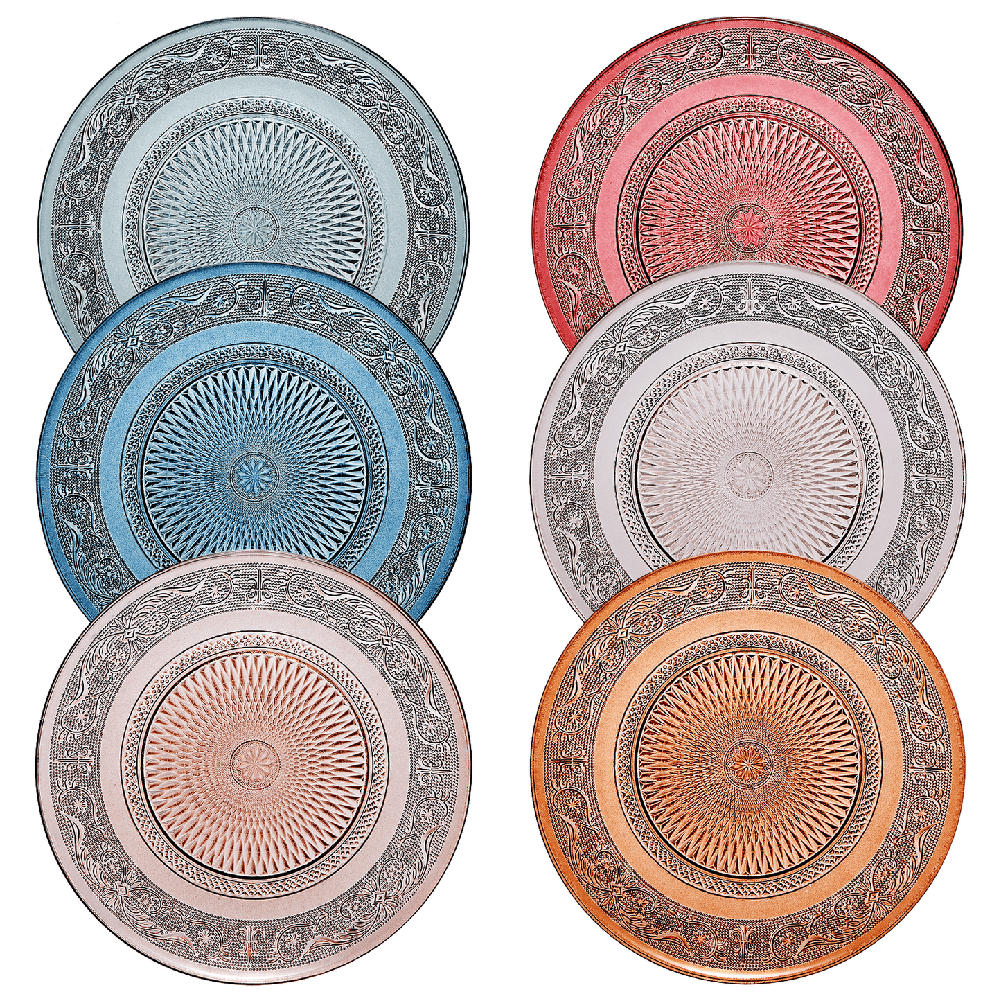 Set of 6 vintage crystal colored plates in muted green, red, blue, orange, smoke grey, and beige with ribbed texture and elegant design