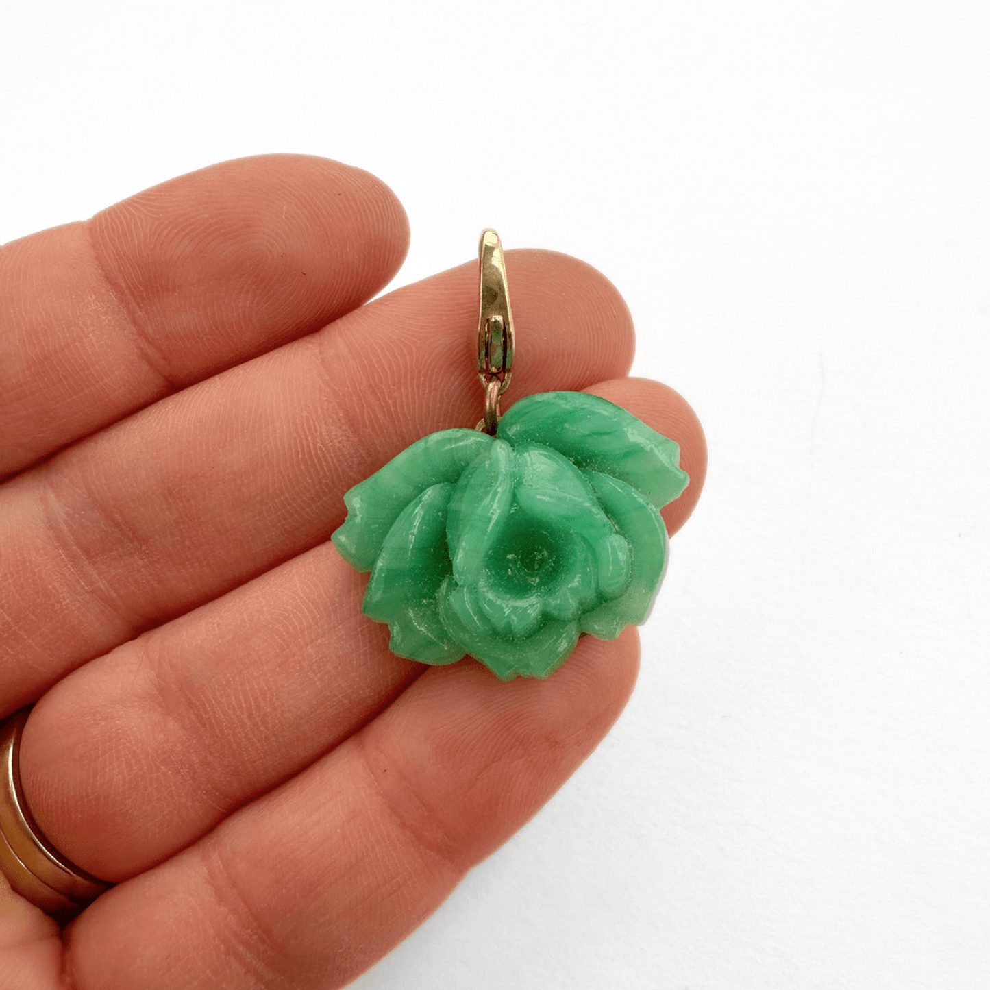 Vintage Japanese green jade glass rose charm with raw brass lobster clasp
