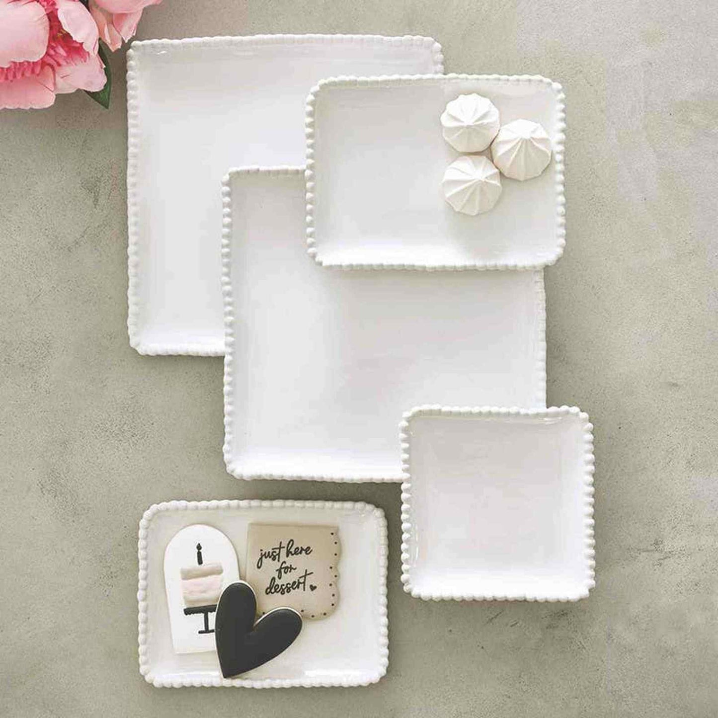Ceramic beaded square platter with elegant rim for versatile serving and entertaining