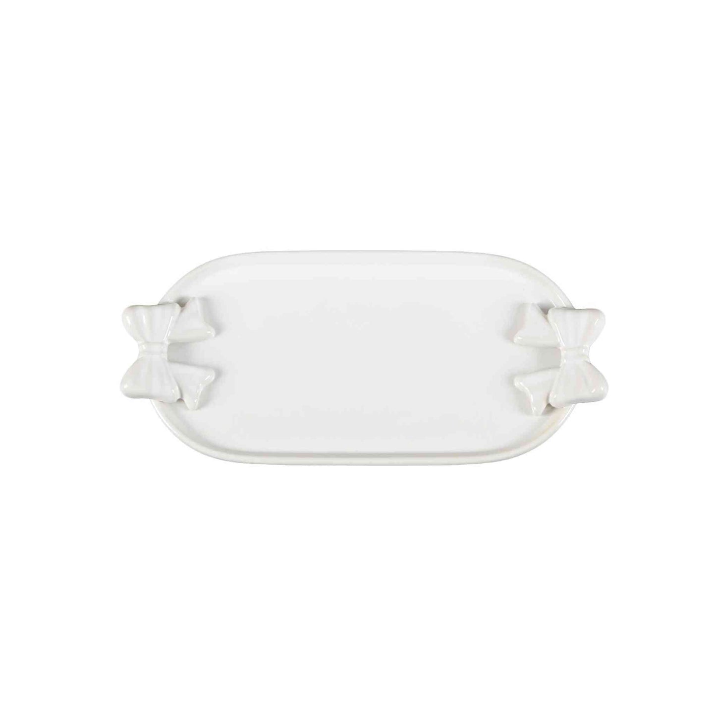 Glossy ivory-white ceramic bow trinket tray with long oval shape for organizing jewelry and small essentials