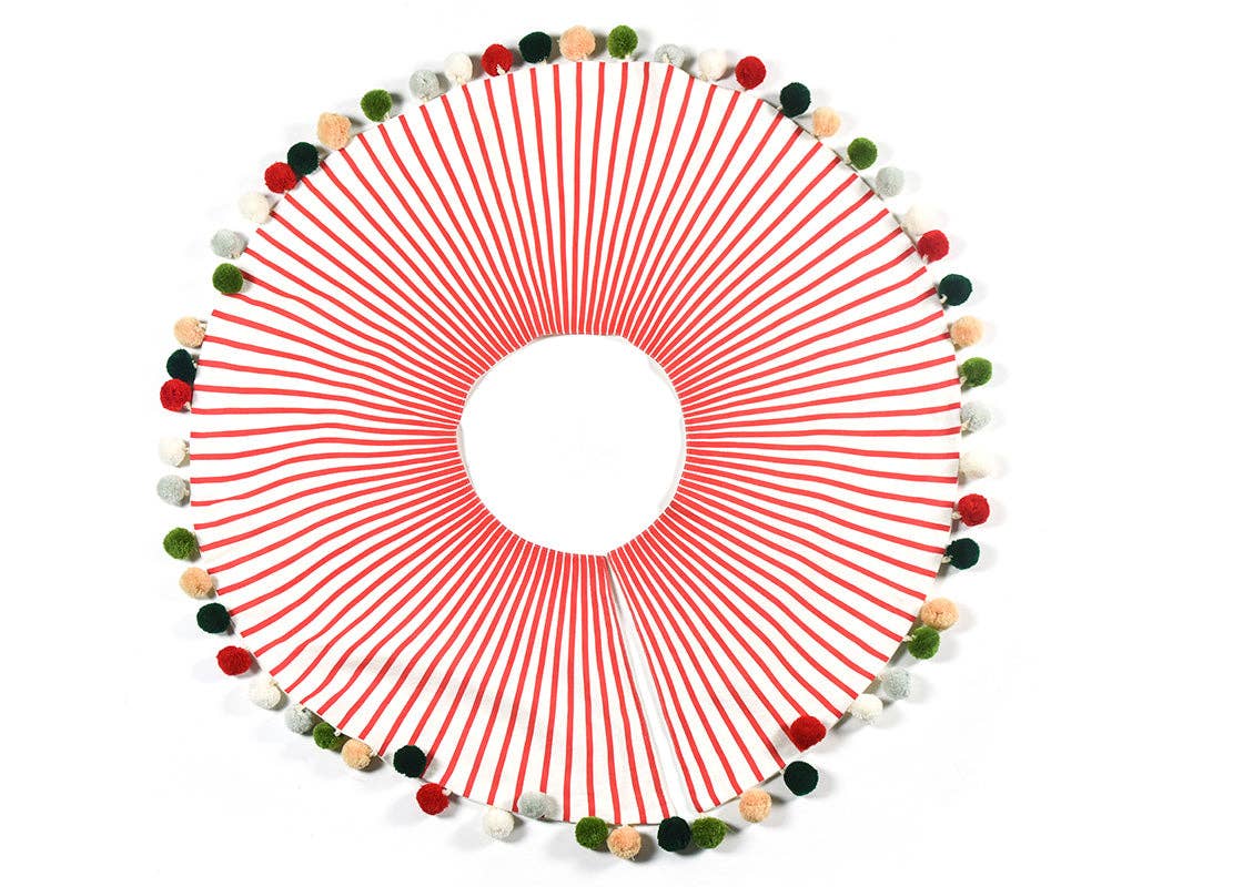 Red Stripe Tree Skirt with Pom Poms