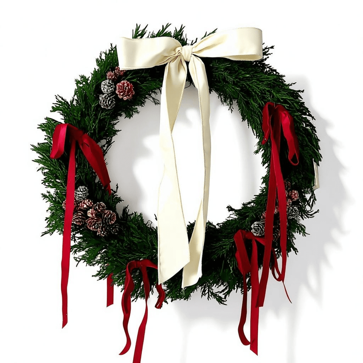 
                  
                    Preserved boxwood Christmas wreath with ivory bow, red ribbons, and pinecones for indoor holiday decor
                  
                