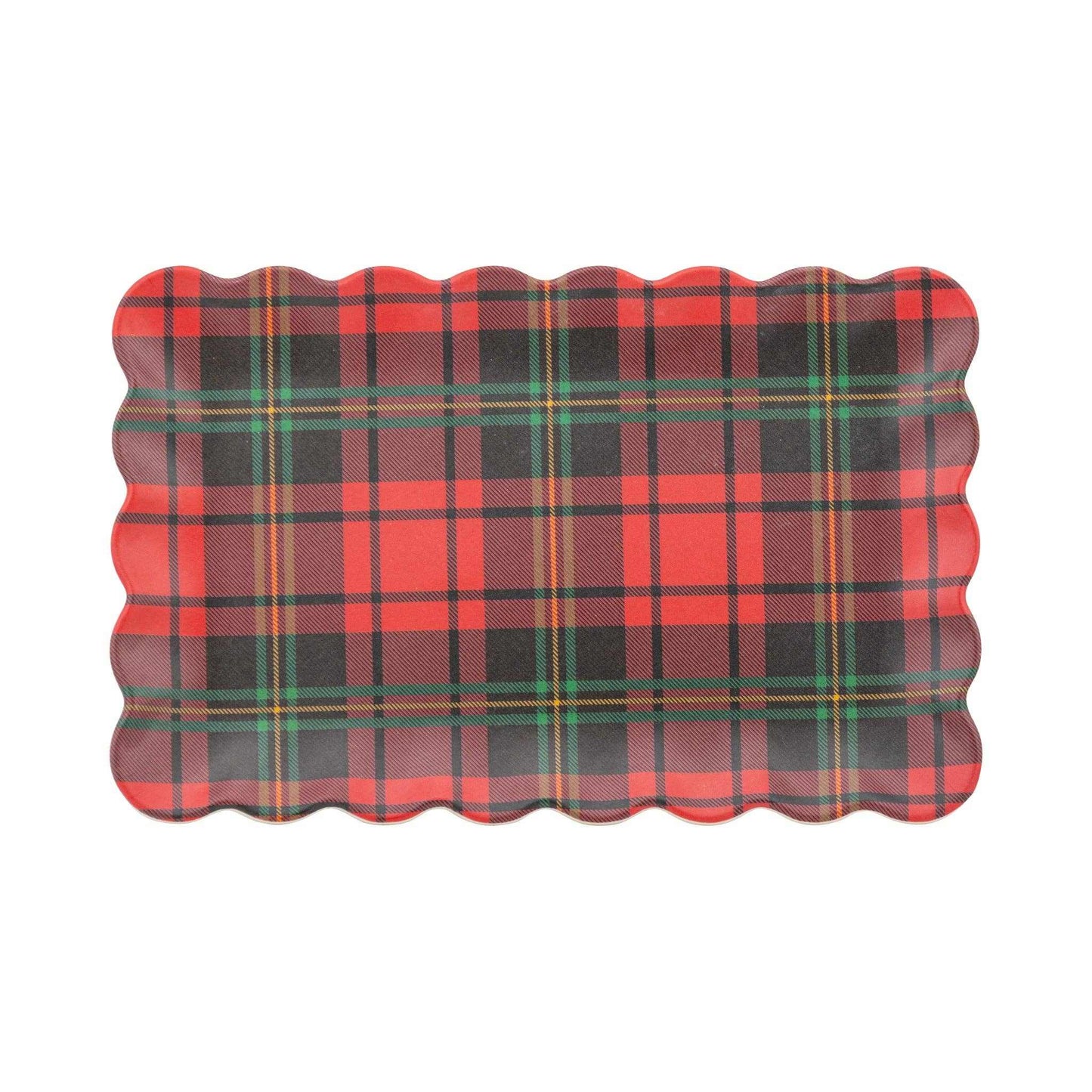 Red and green plaid bamboo tray with scalloped edges, eco-friendly and food safe, perfect for holiday decor and serving.
