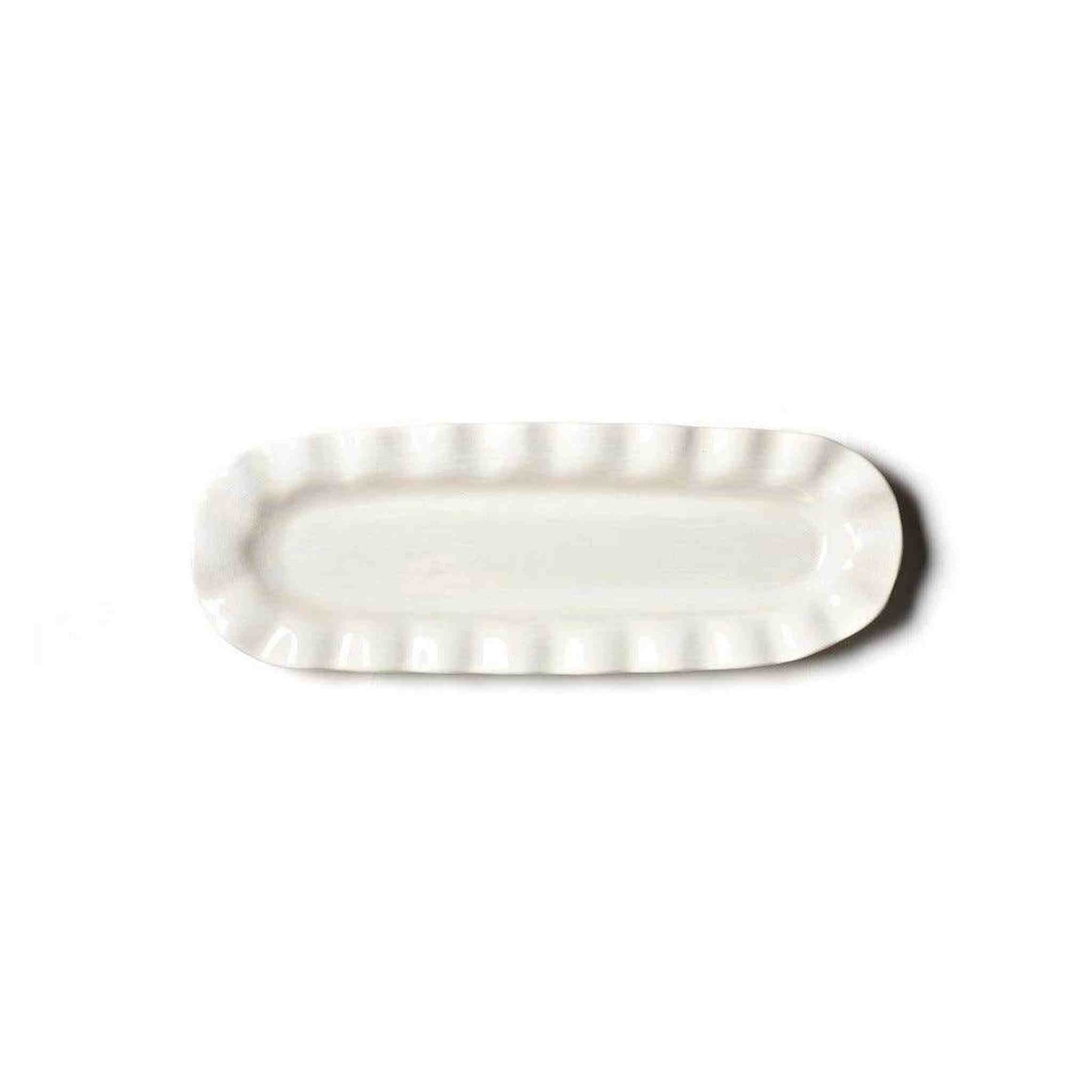 White Ruffle stoneware skinny tray for serving and decor, dishwasher and microwave safe