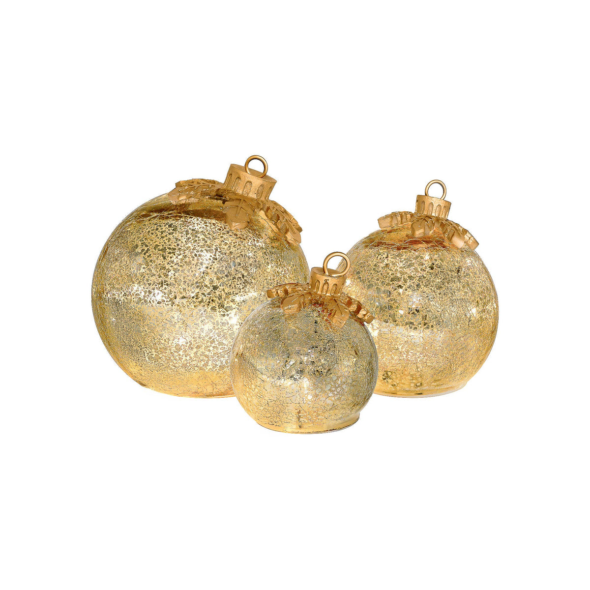 
                  
                    Battery-Operated Glass Tabletop Ornaments, Gold, Set of 3 - Curated Home Decor
                  
                