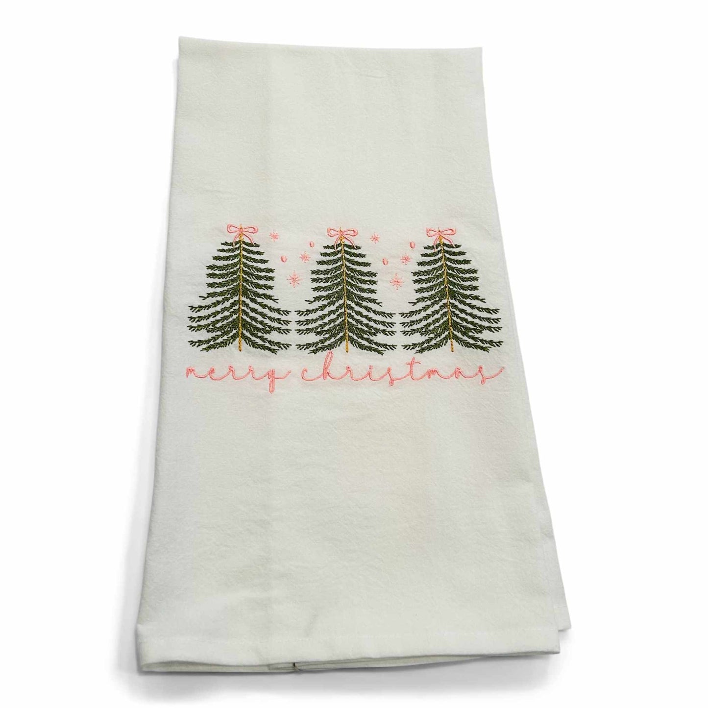 White cotton towel embroidered with three trees and Merry Christmas text