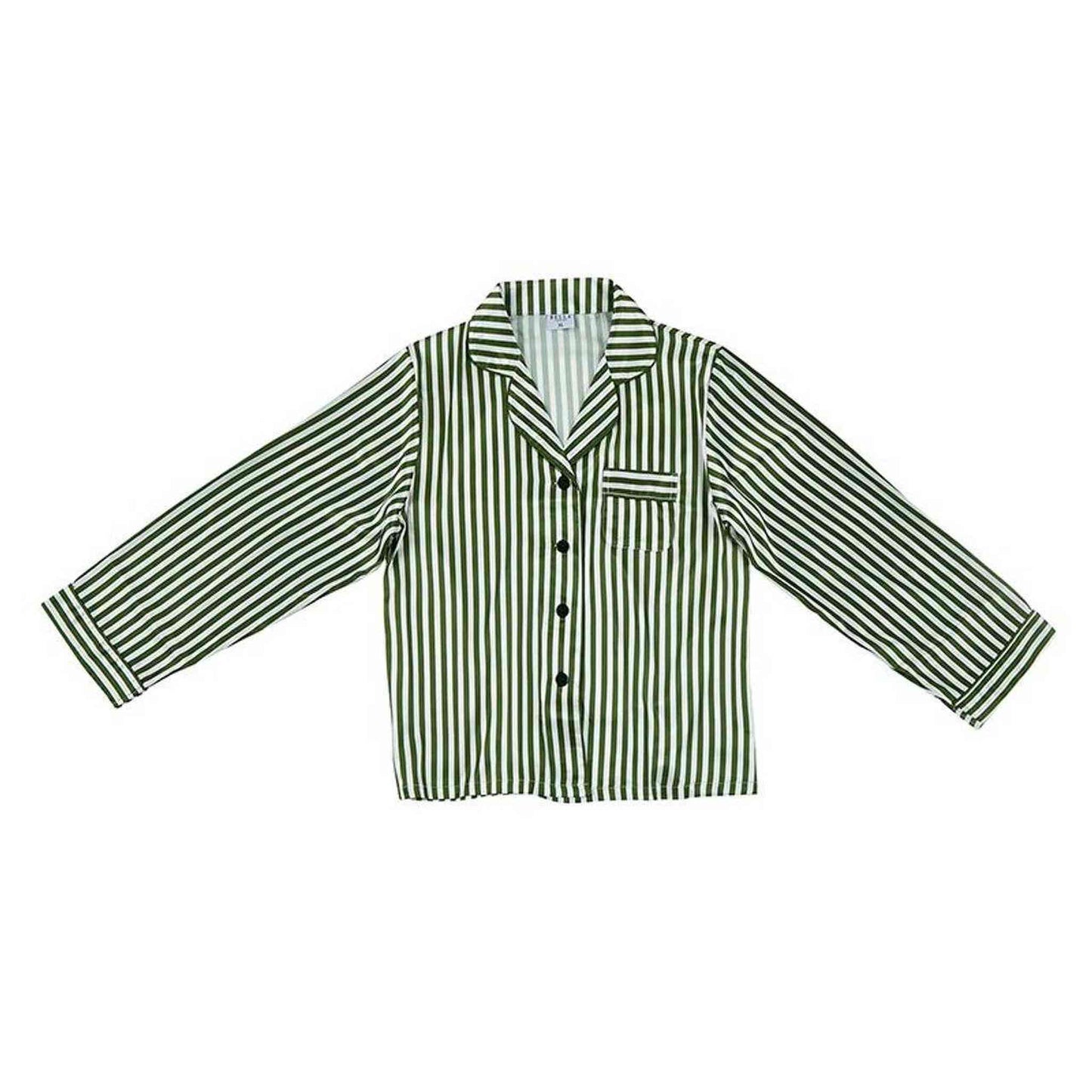 Green stripe satin long sleeve pajama top in size small with button front and pocket detail