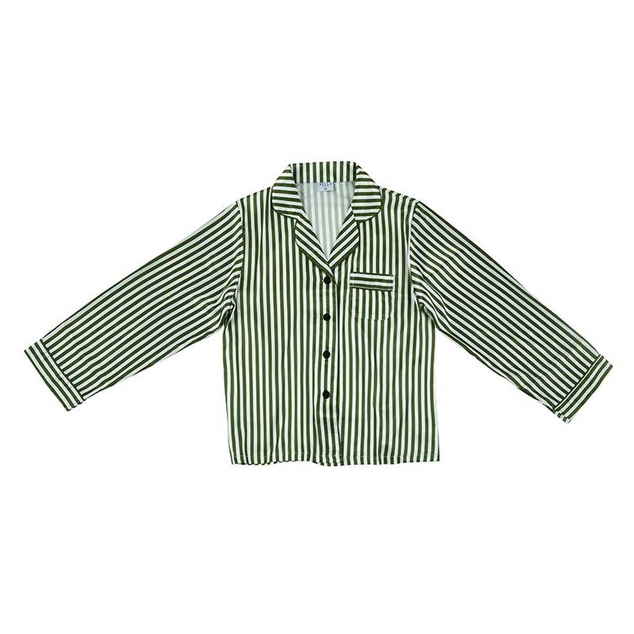 Long sleeve green stripe satin pajama top with button front and pocket