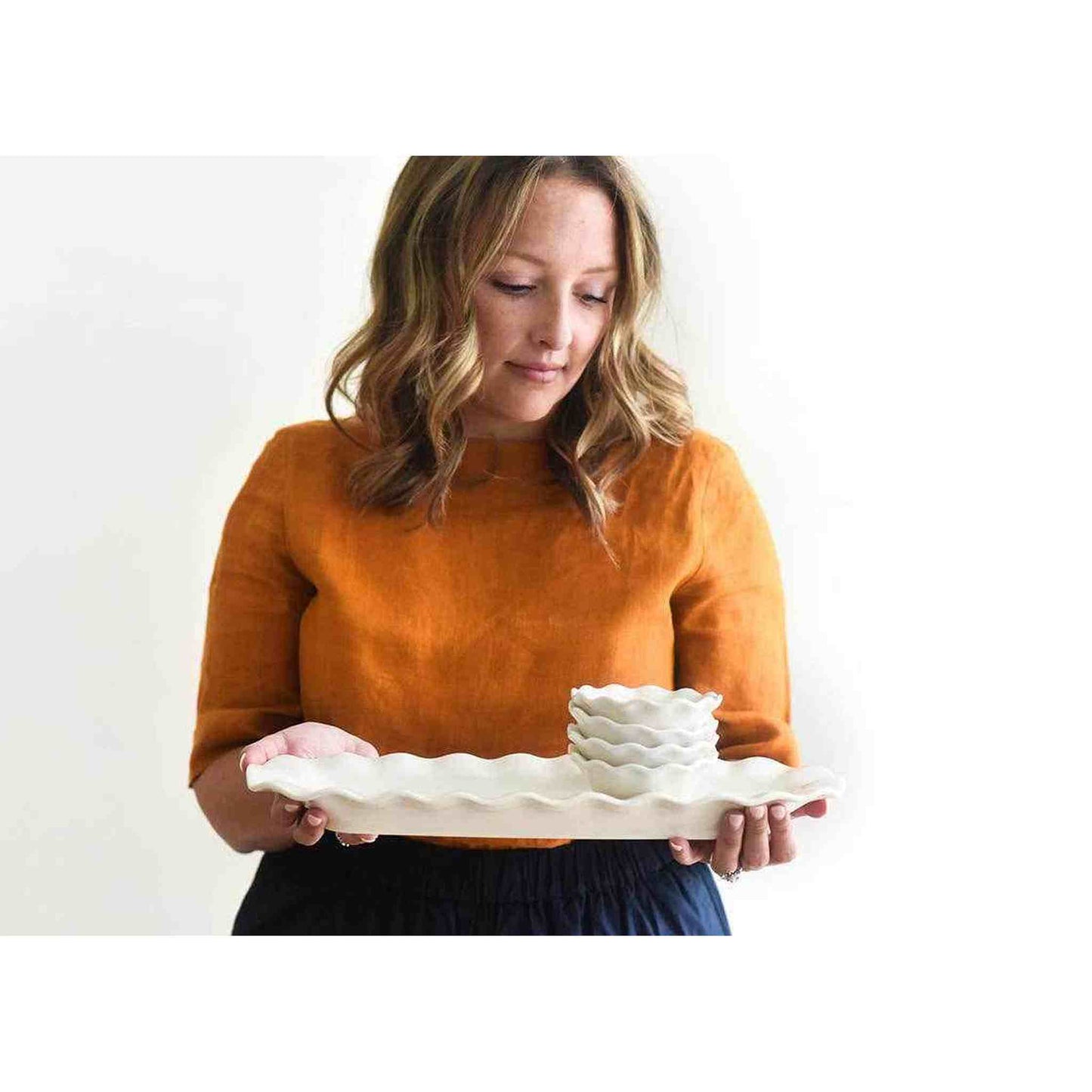 White Ruffle stoneware skinny tray for serving and organizing household items