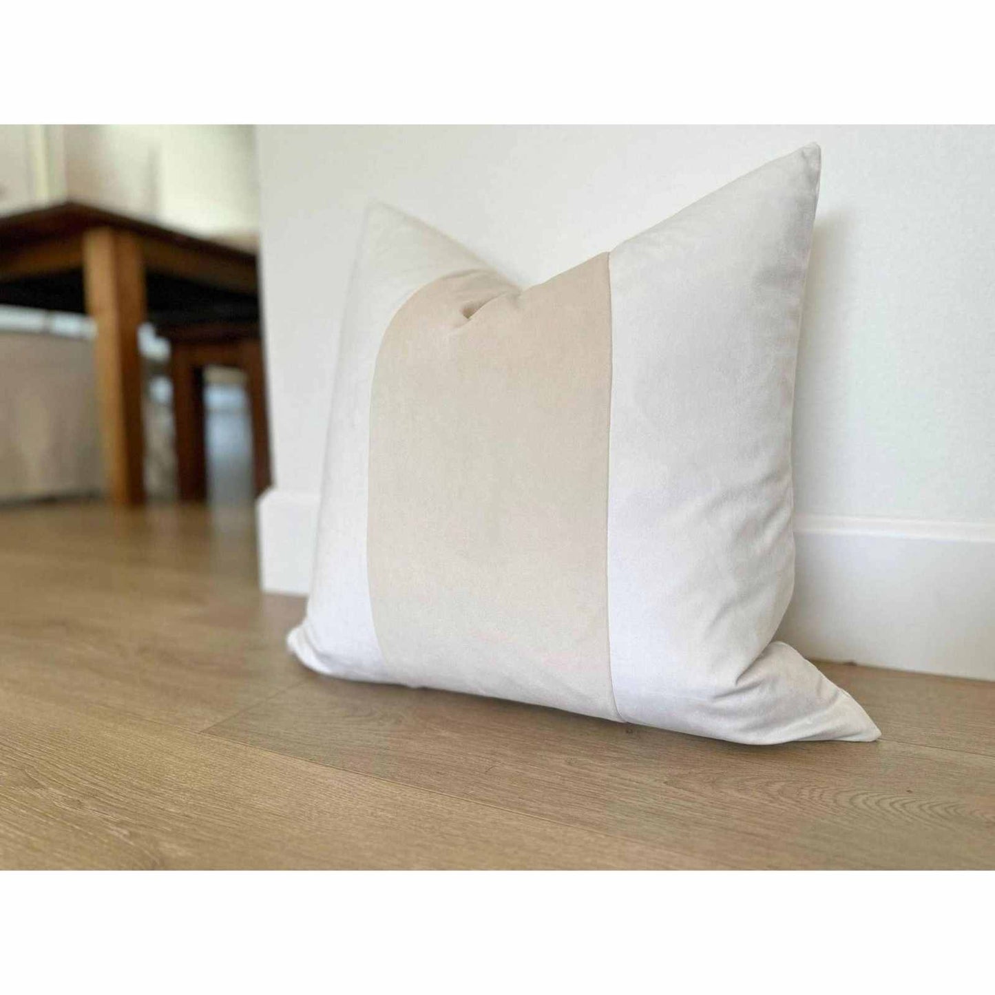 Mezzo Velvet Pillow Cover tan 12x20 with white sides and beige center, velvet fabric, zipper closure