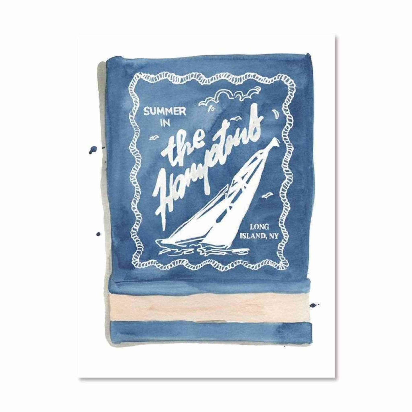 The Hamptons Matchbook watercolor print featuring a sailboat and summer theme in blue and white, 5x7 inch archival art print.