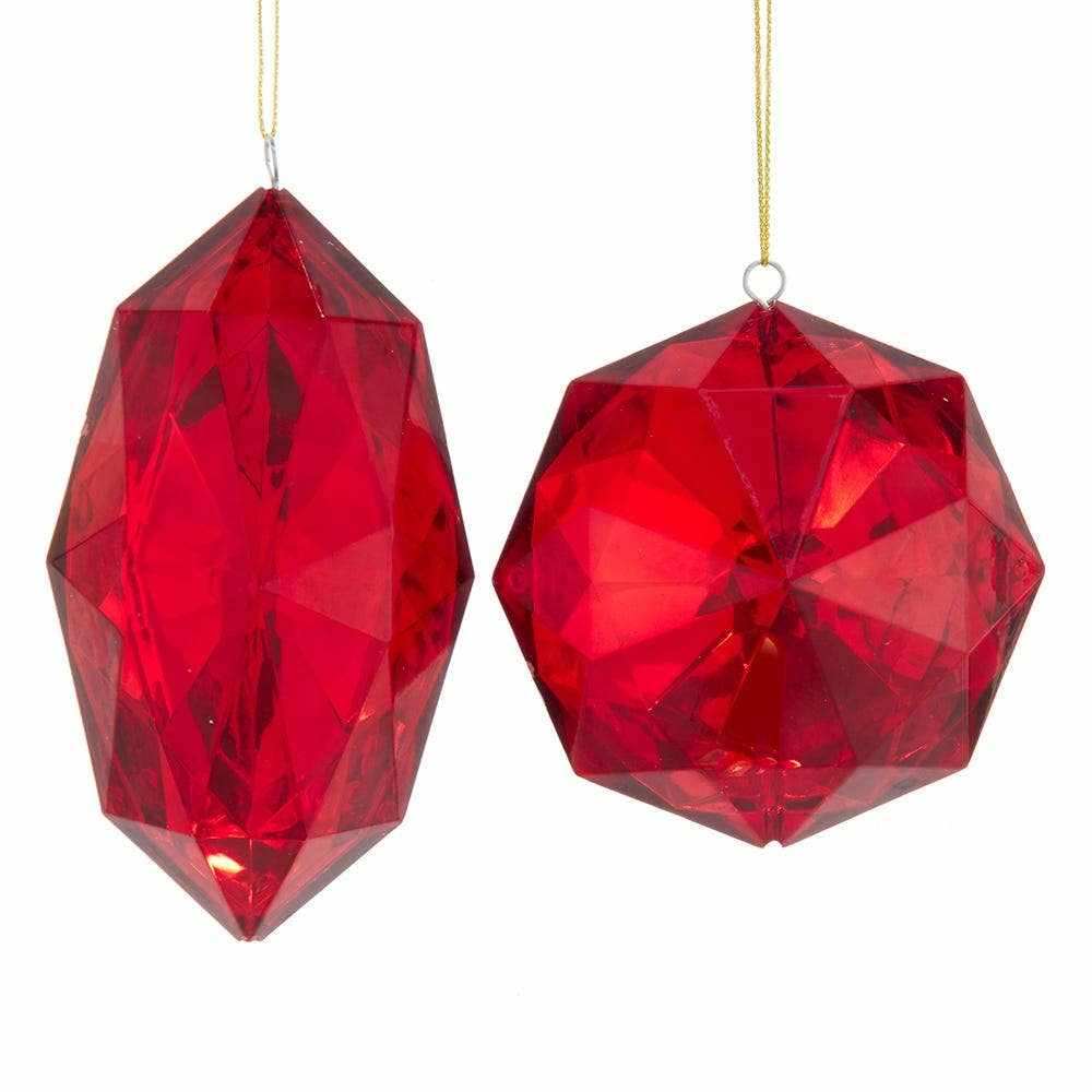 Set of two red jewel diamond Christmas tree ornaments with faceted design and hanging strings