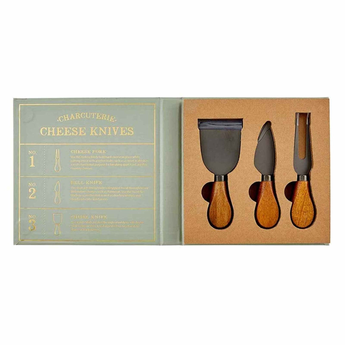 Set of Acacia wood handle cheese knives with stainless steel blades in decorative box