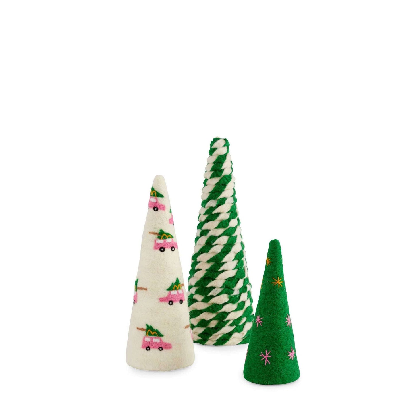 Set of 3 pink and green decorative trees with pink car design, candy-striped swirl, and retro starburst patterns