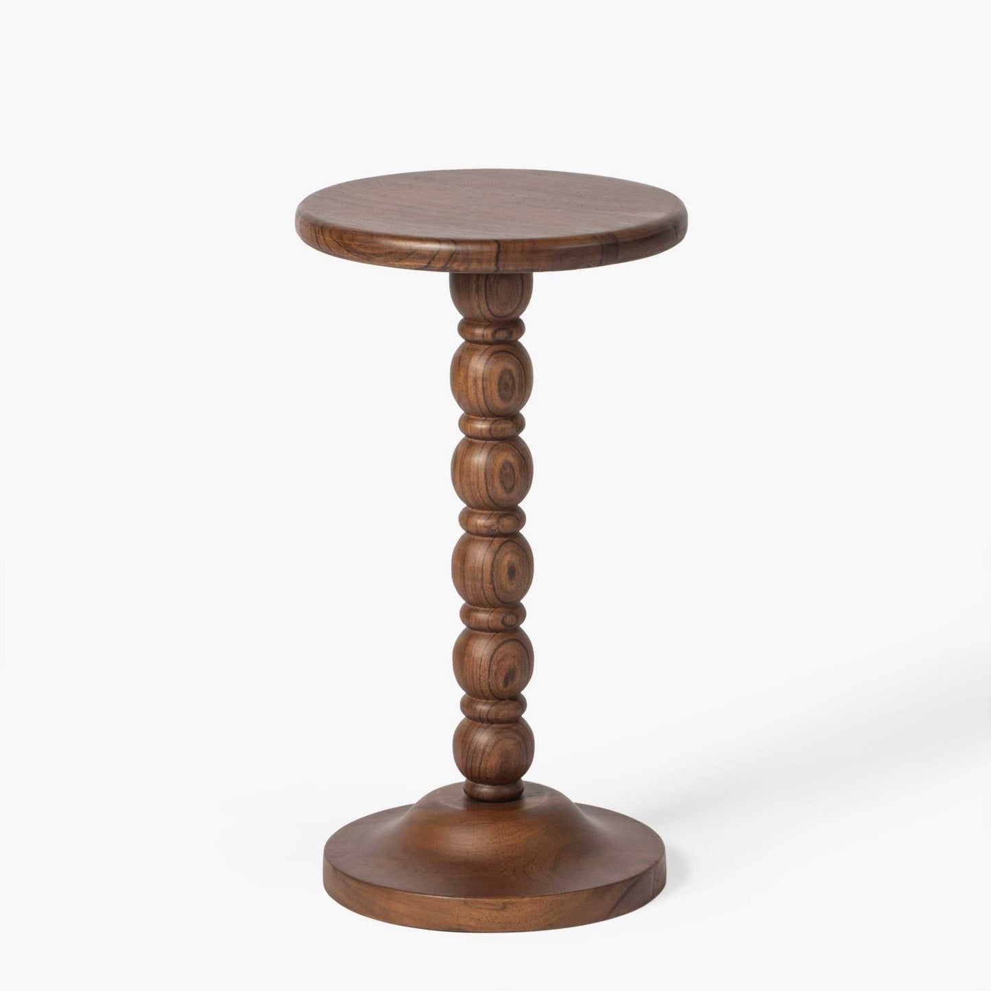 
                  
                    Spindle Drink Table with round top and classic spindle base in light-stained acacia wood
                  
                