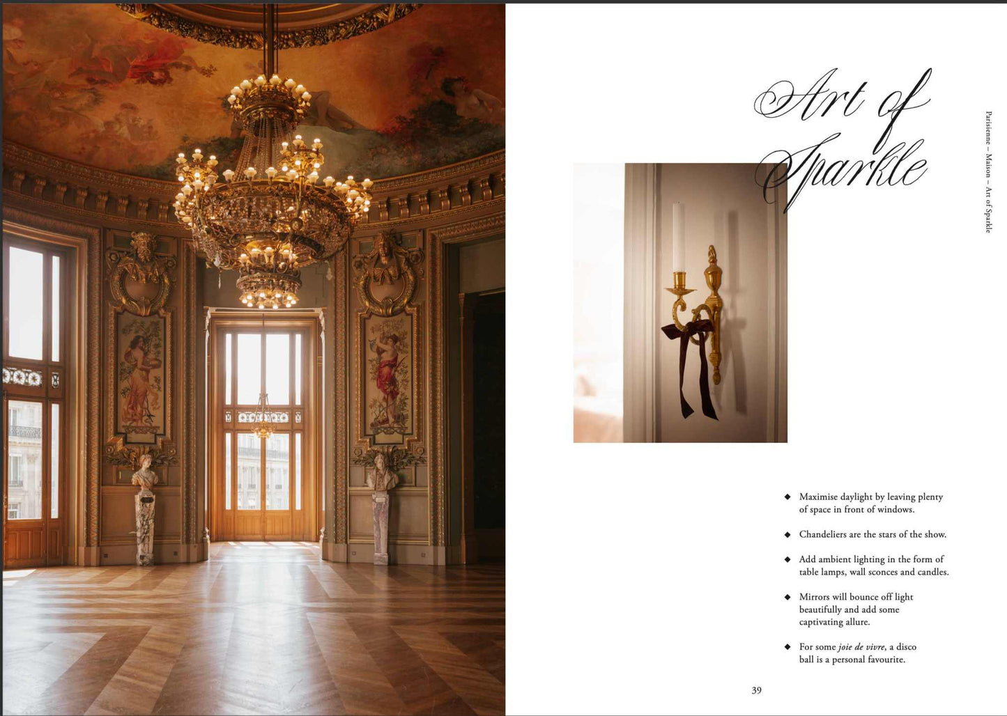 Parisienne Secrets book spread showing elegant Haussmannian apartment interior with chandelier and stylish lighting tips text