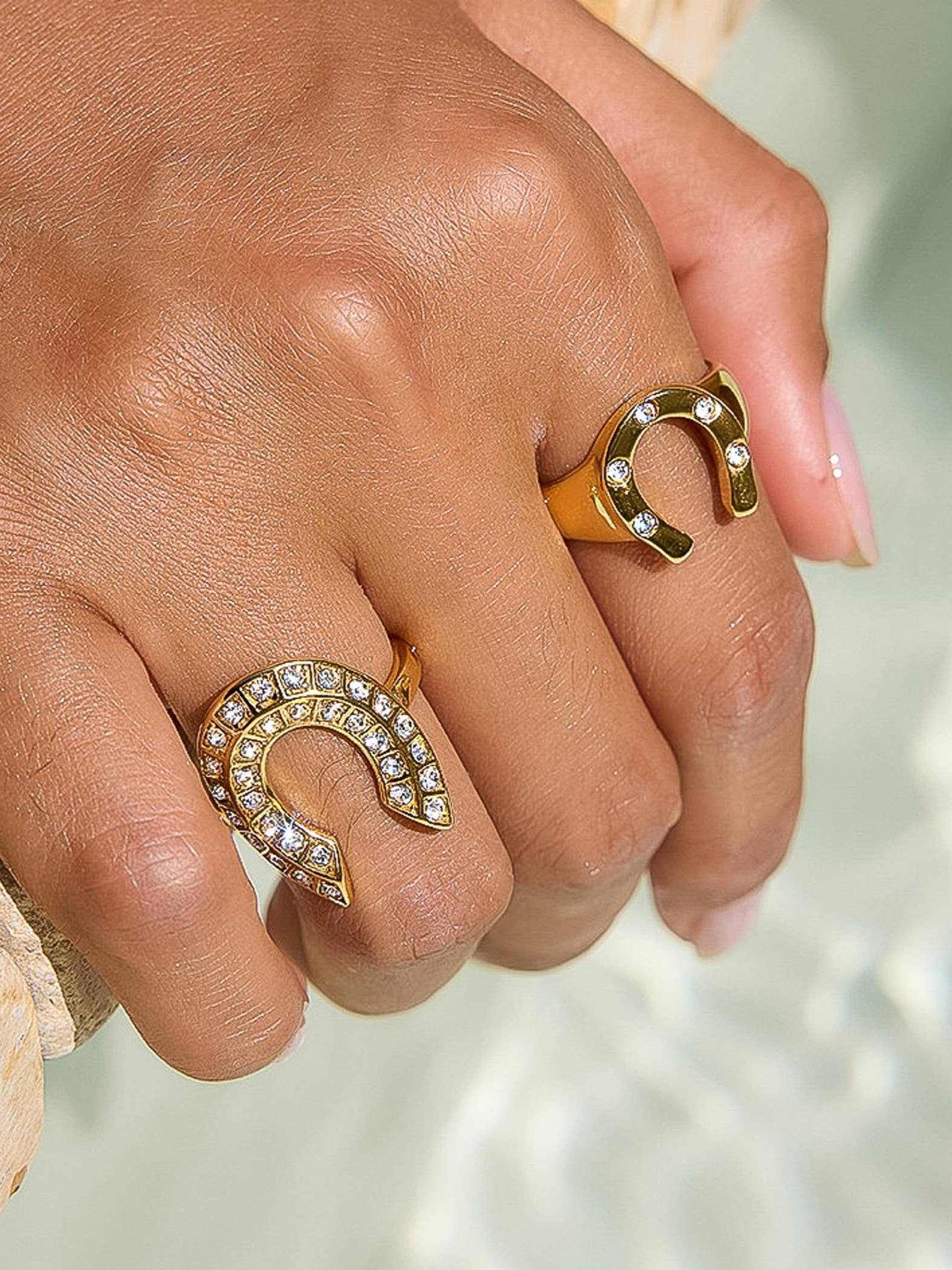 18K gold non-tarnish CZ horseshoe rings with rhinestones on fingers