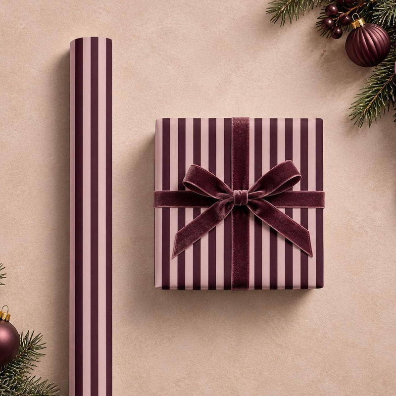 Plum & Dusty Pink Stripe Christmas Wrapping Paper – 15 ft Roll