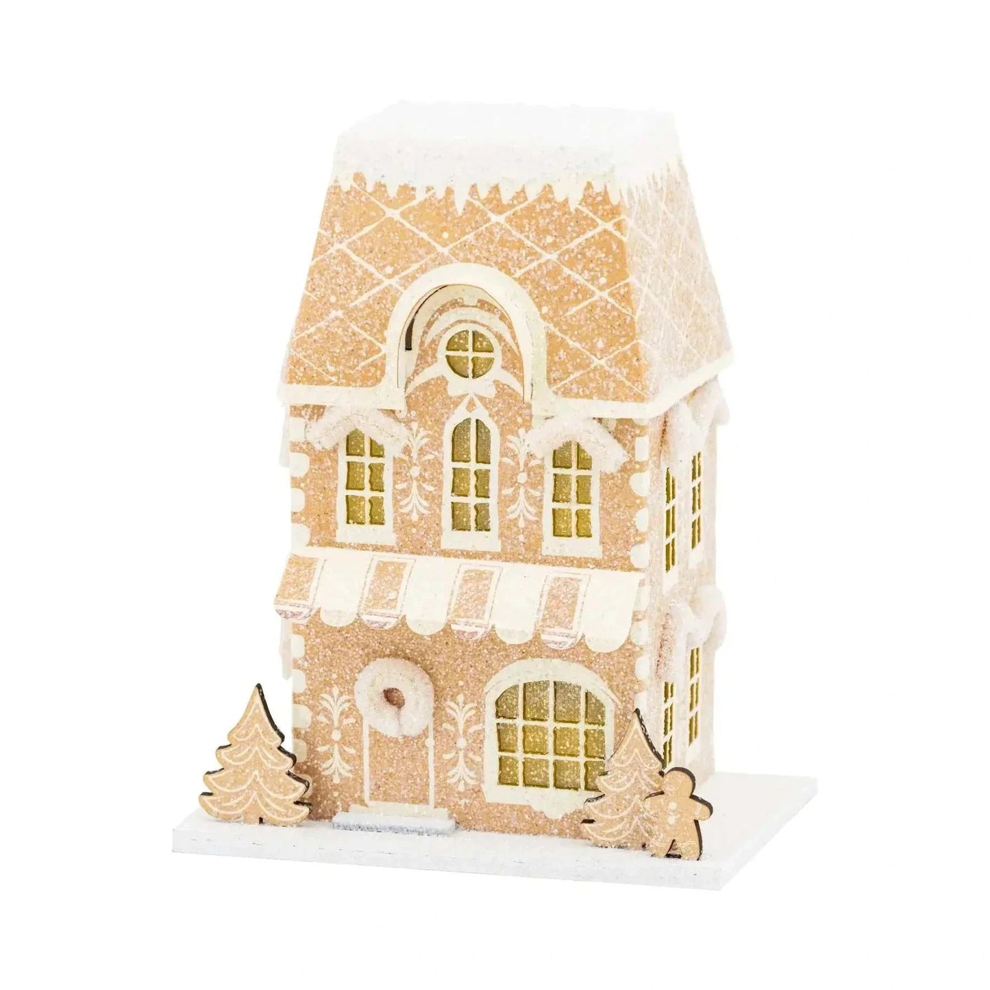 Gingerbread Shop festive Christmas village decor with lights and glitter accents