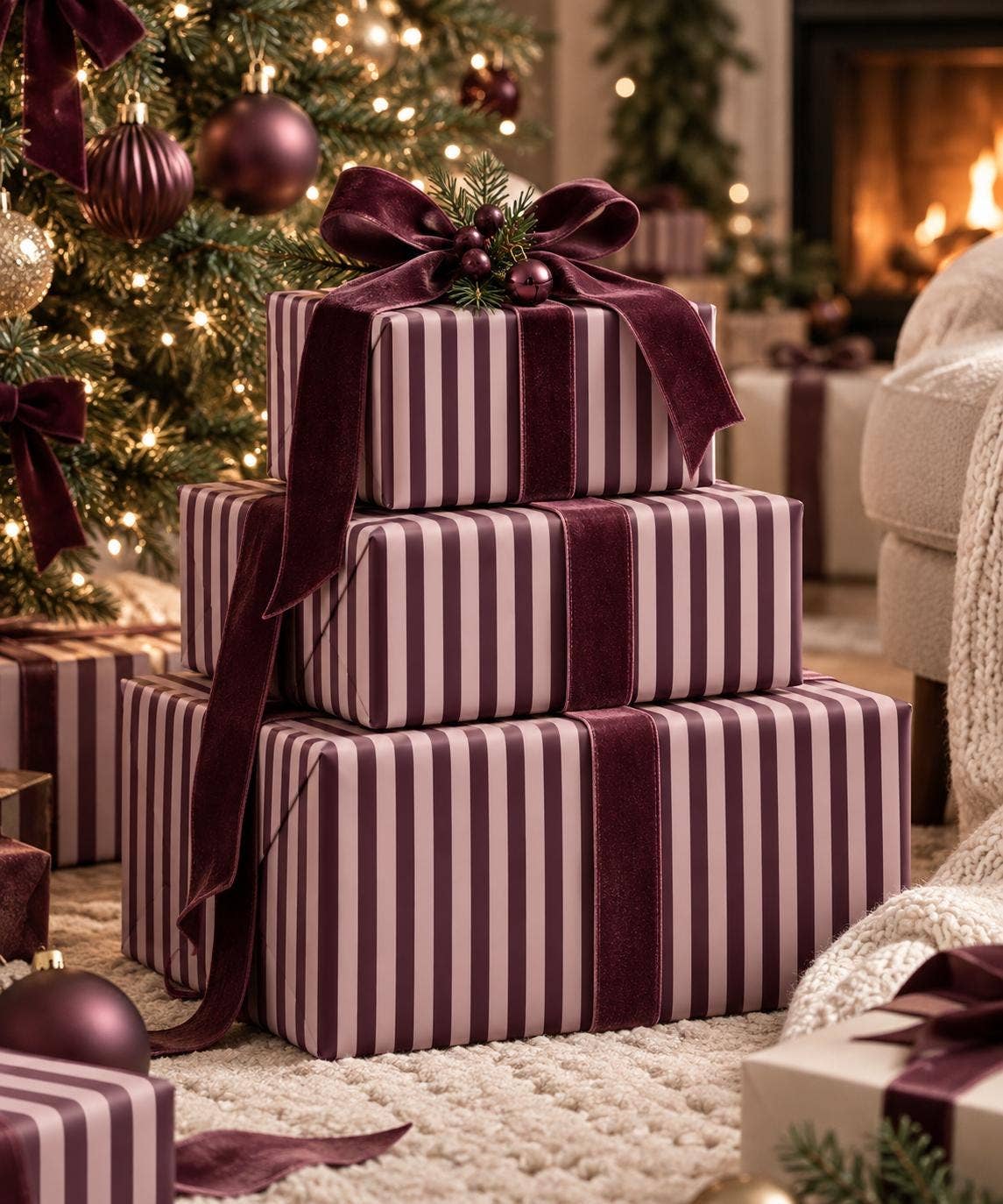 
                  
                    Plum & Dusty Pink Stripe Christmas Wrapping Paper – 15 ft Roll - Curated Home Decor
                  
                