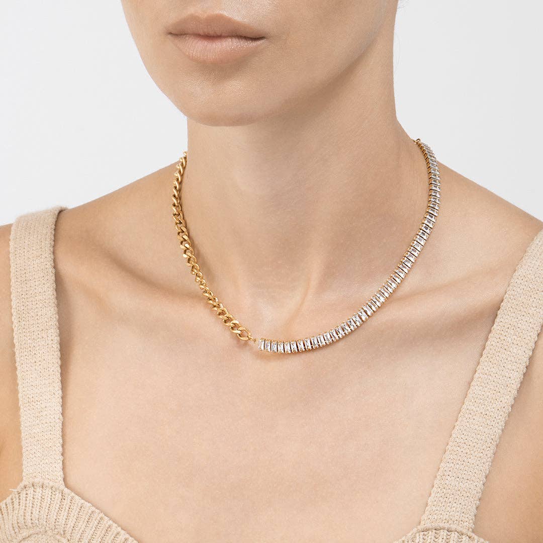 Mix Curb Chain and Baguette Tennis Necklace gold - Curated Home Decor