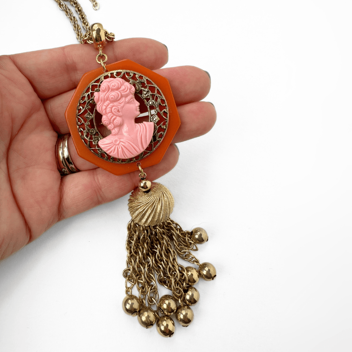 
                  
                    Pink and Orange Bakelite Vintage Cameo Pendant Necklace Charm - Curated Home Decor
                  
                