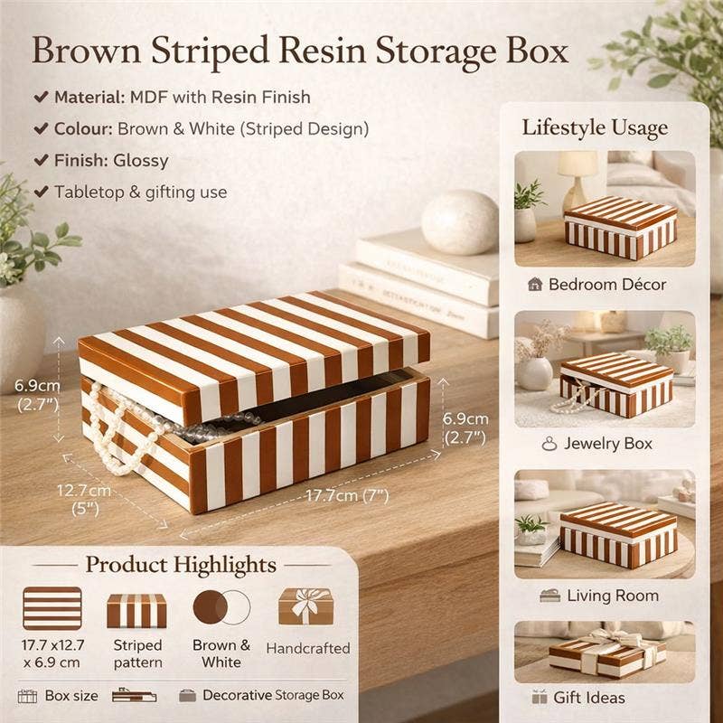 
                  
                    Brown Striped Resin Storage Box | MDF Decorative Organizer - Curated Home Decor
                  
                