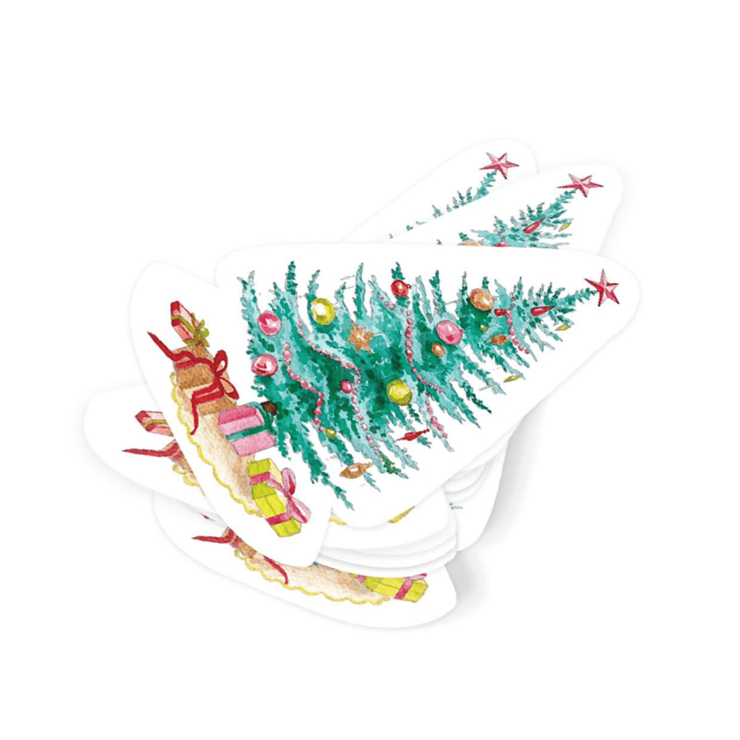 Vintage Christmas tree shaped cocktail napkins with watercolor design and gold foil accents, set of 24