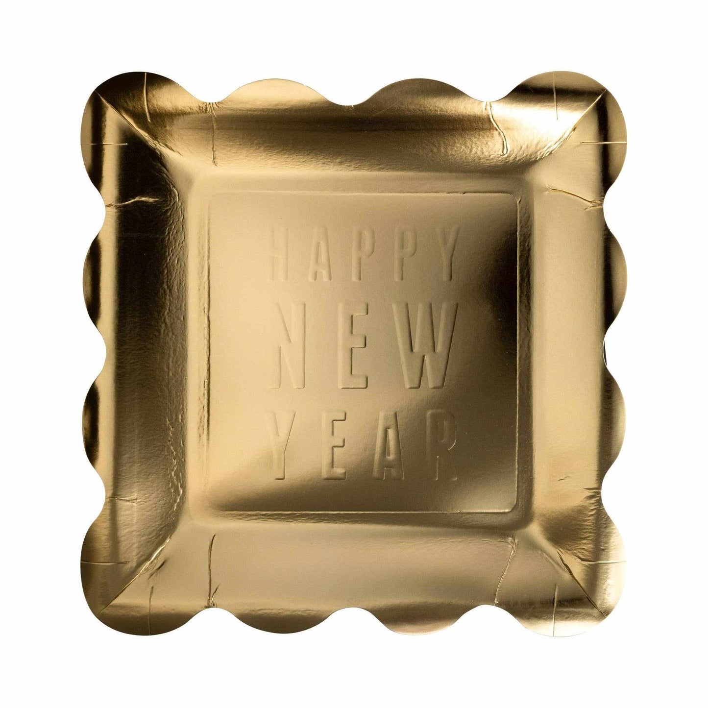Happy New Year embossed gold foil paper plate with scalloped edges, 9x9 inches, set of 8