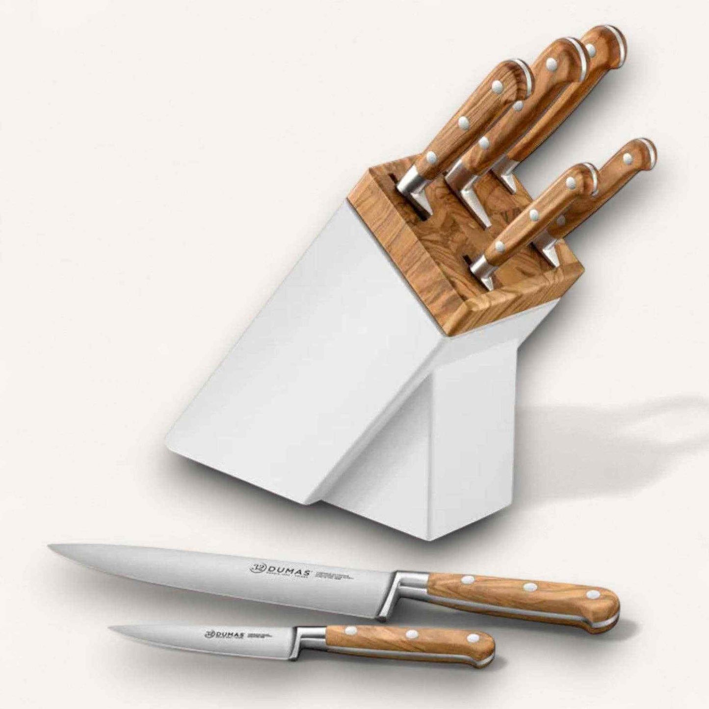 Arles Block Set knife block with olive wood handles and white base, includes 5 French cuisine knives by 32 Dumas