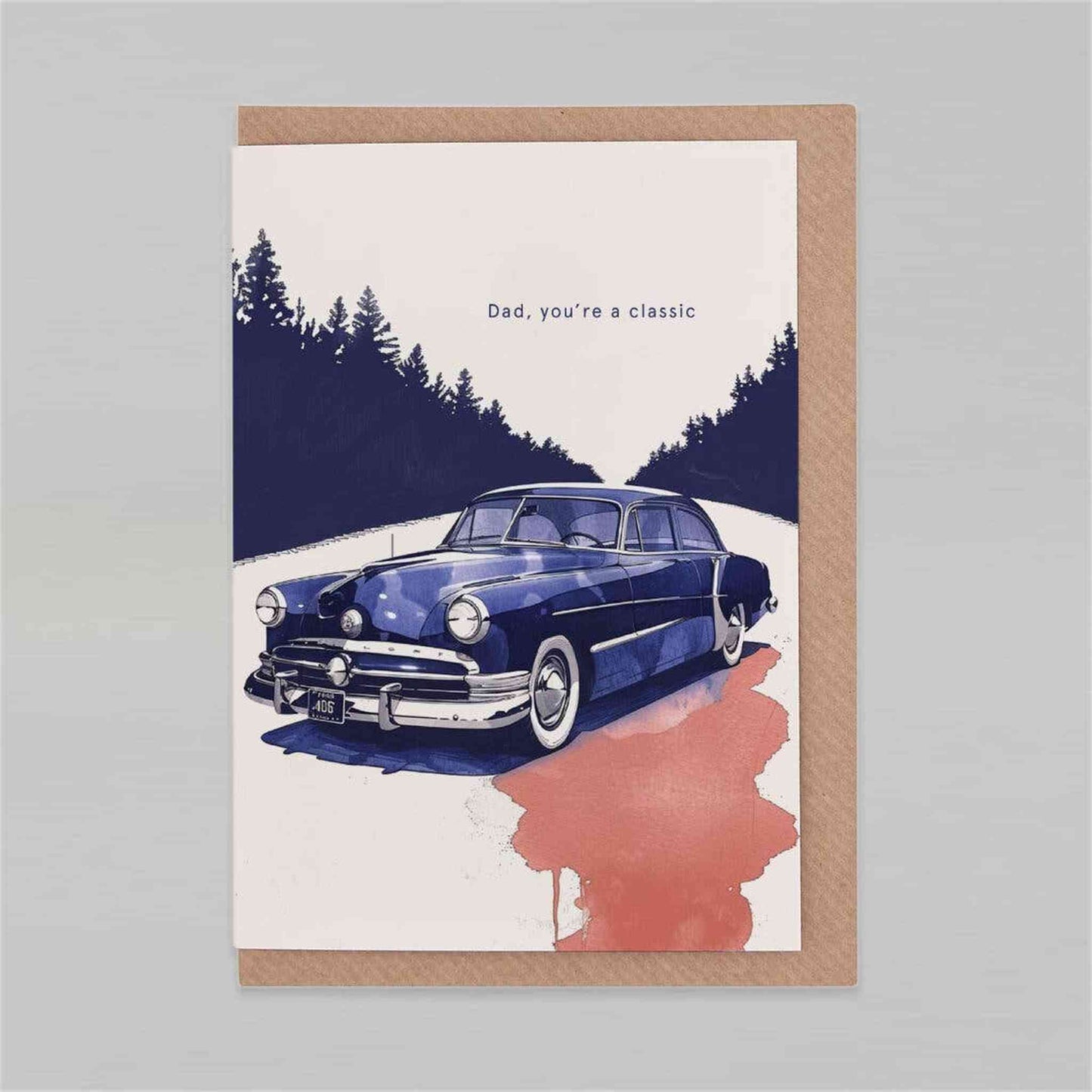 Father's Day greeting card with classic car illustration and "Dad, you're a classic" message