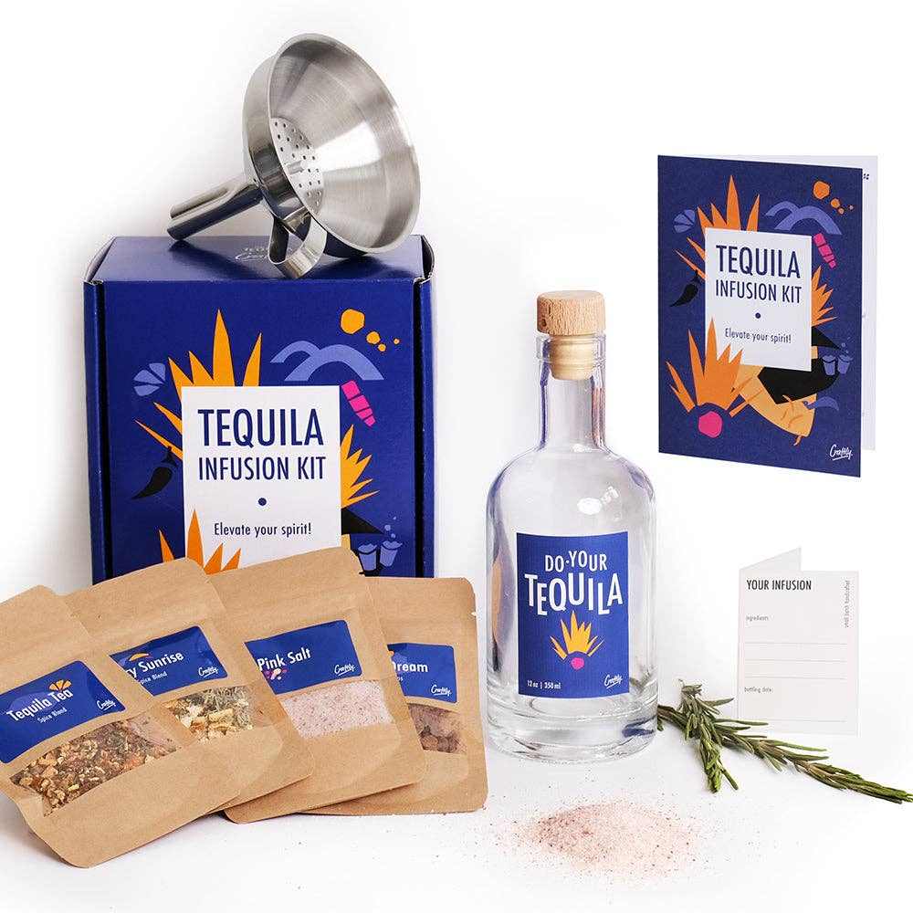 Tequila Infusion Kit with botanical spice blends, glass bottle, funnel, strainer, and recipe for homemade cocktails
