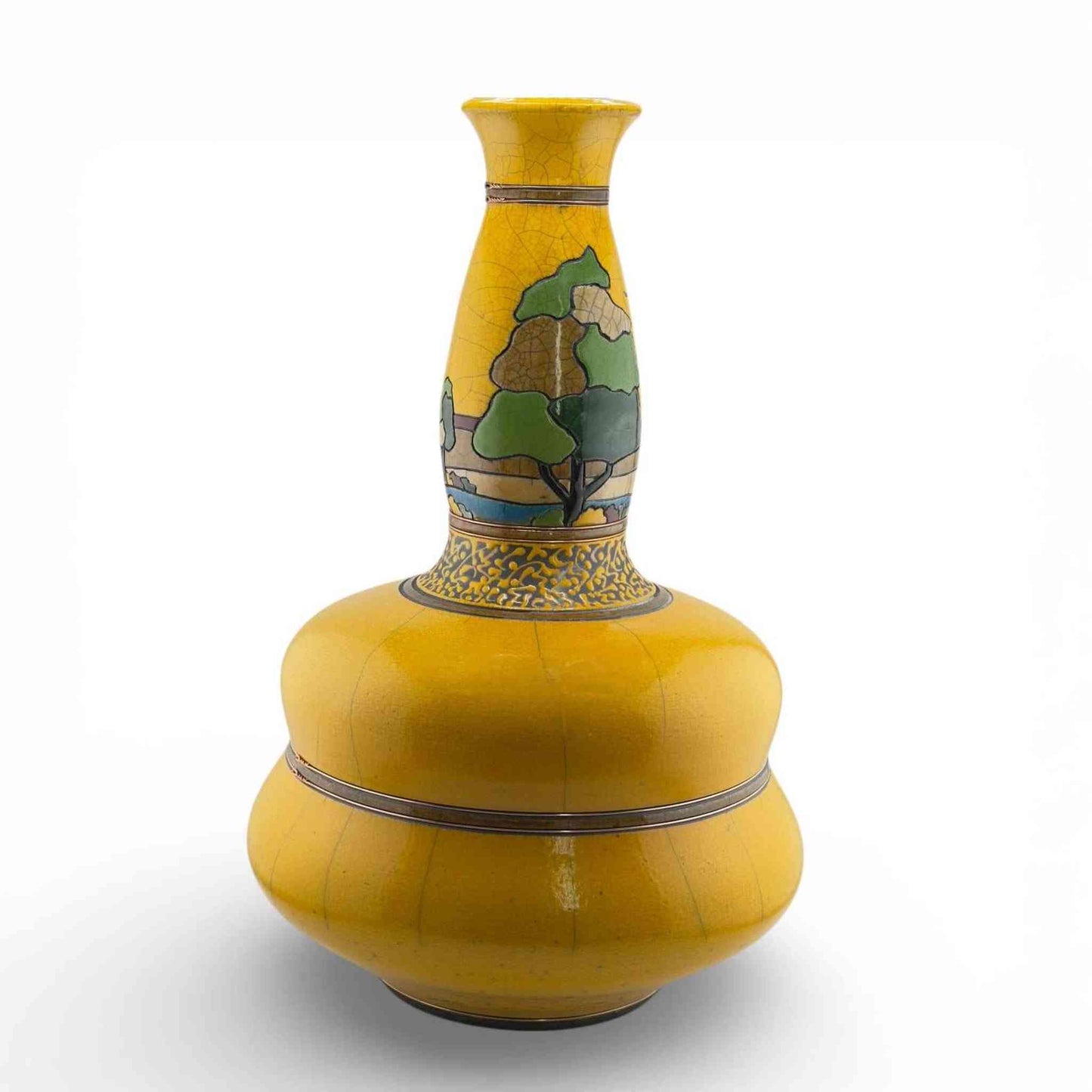 French studio pottery vase with ochre crackle glaze and stylized landscape motif, Art Deco, c. 1930s