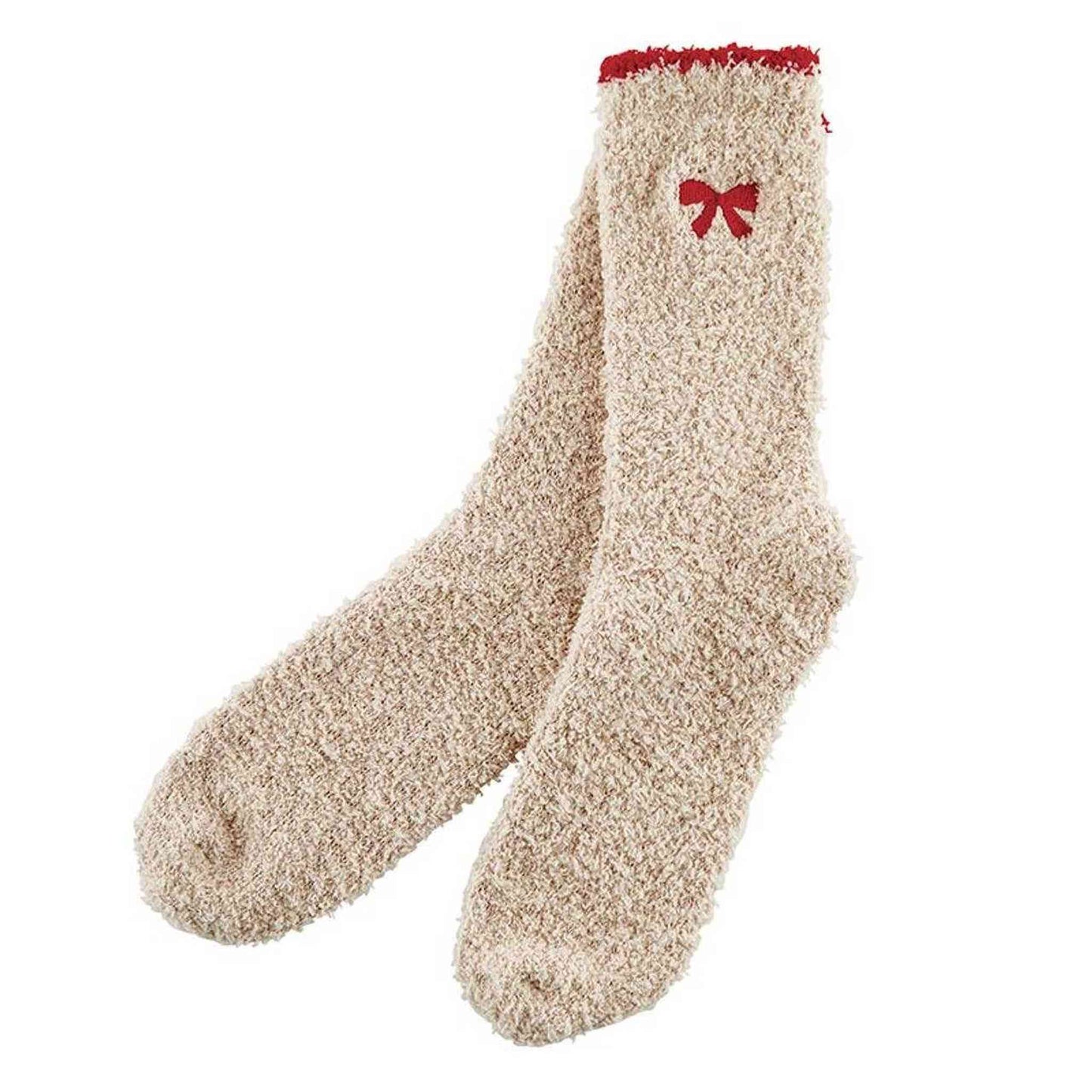 Cozy Socks in Ornament blush plush socks with red bow detail and soft texture