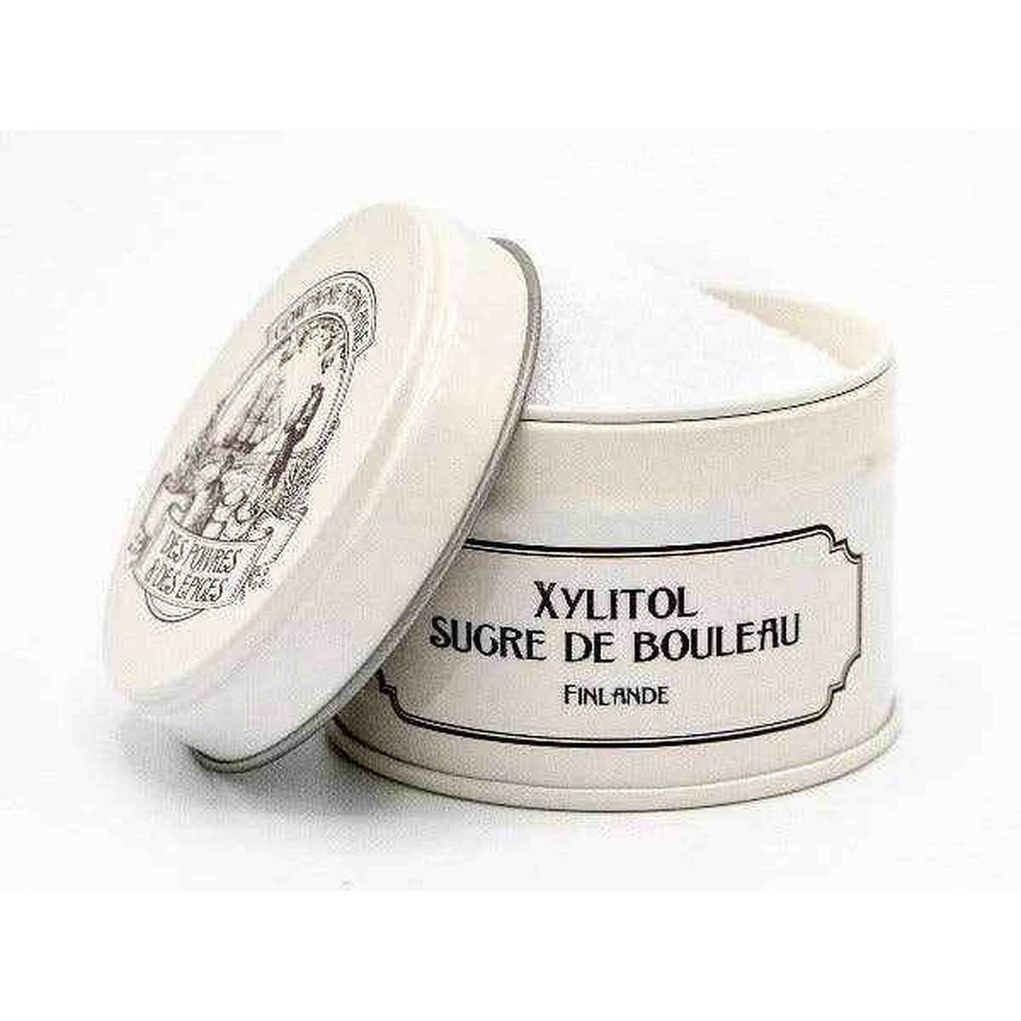 Xylitol birch sugar in a white tin container with lid, low glycemic sweetener from Finland